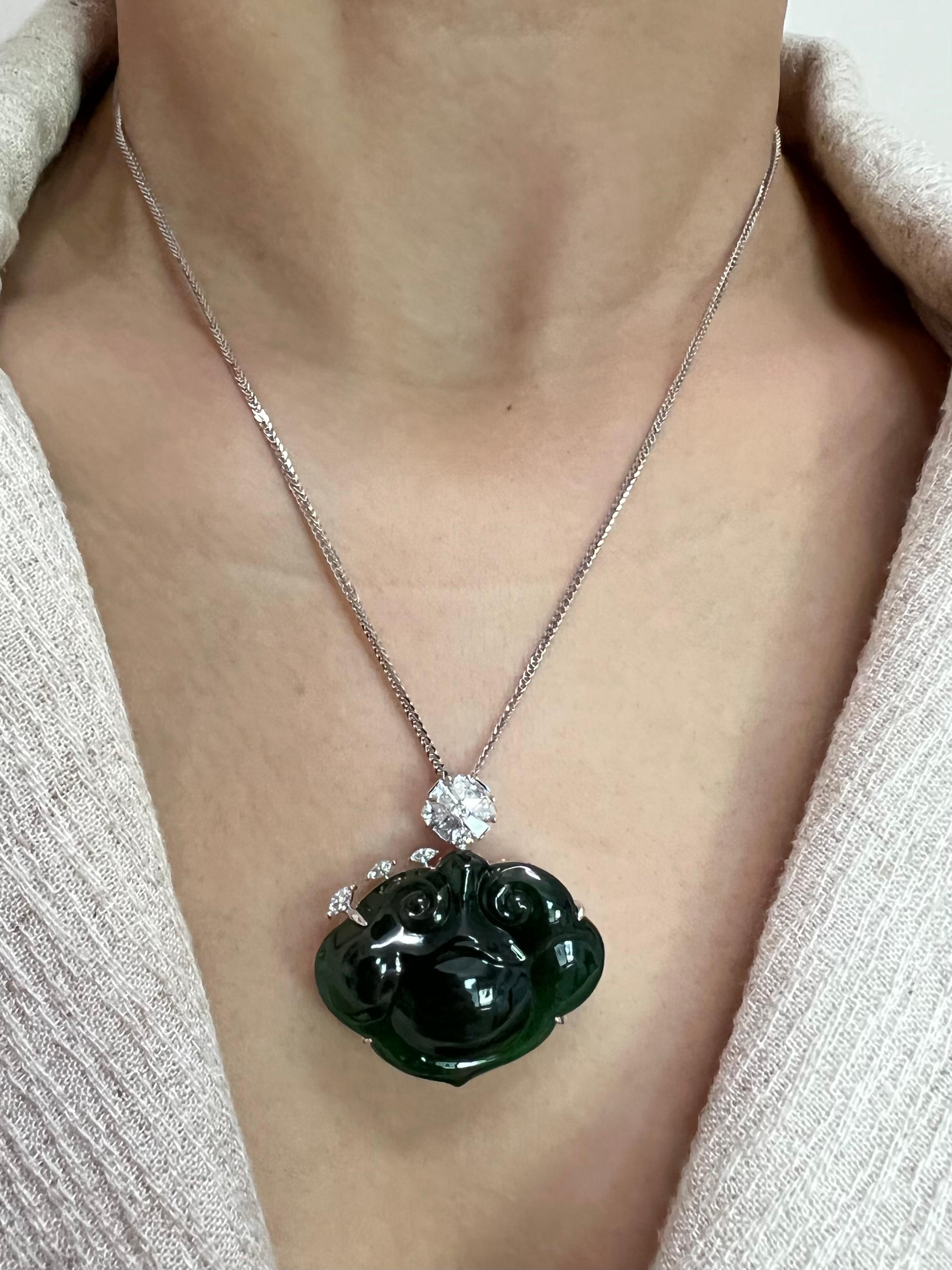 Certified Natural Carved Ruyi Jade & Diamond Pendant  Necklace. Intense Green. For Sale 4