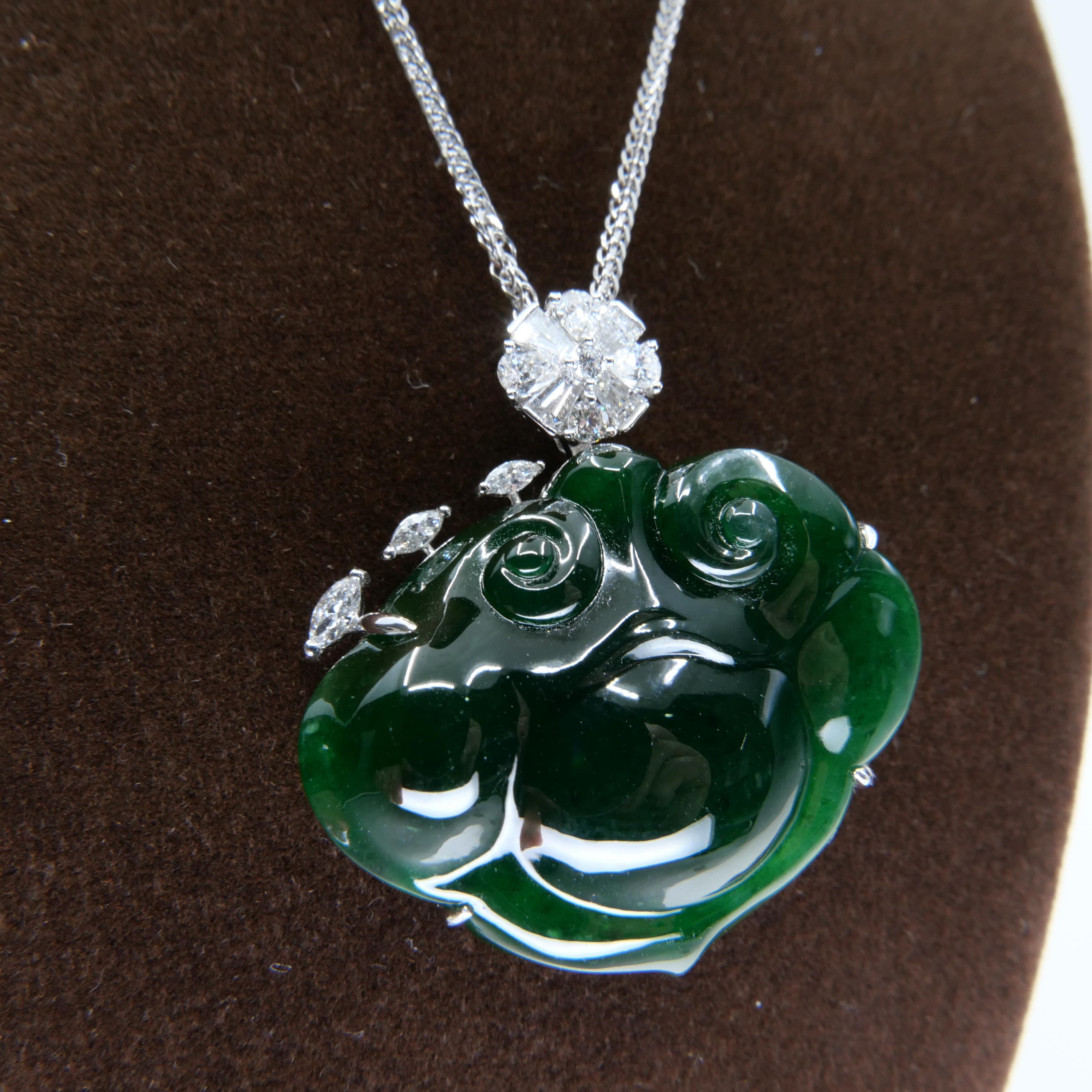 Certified Natural Carved Ruyi Jade & Diamond Pendant  Necklace. Intense Green. For Sale 5