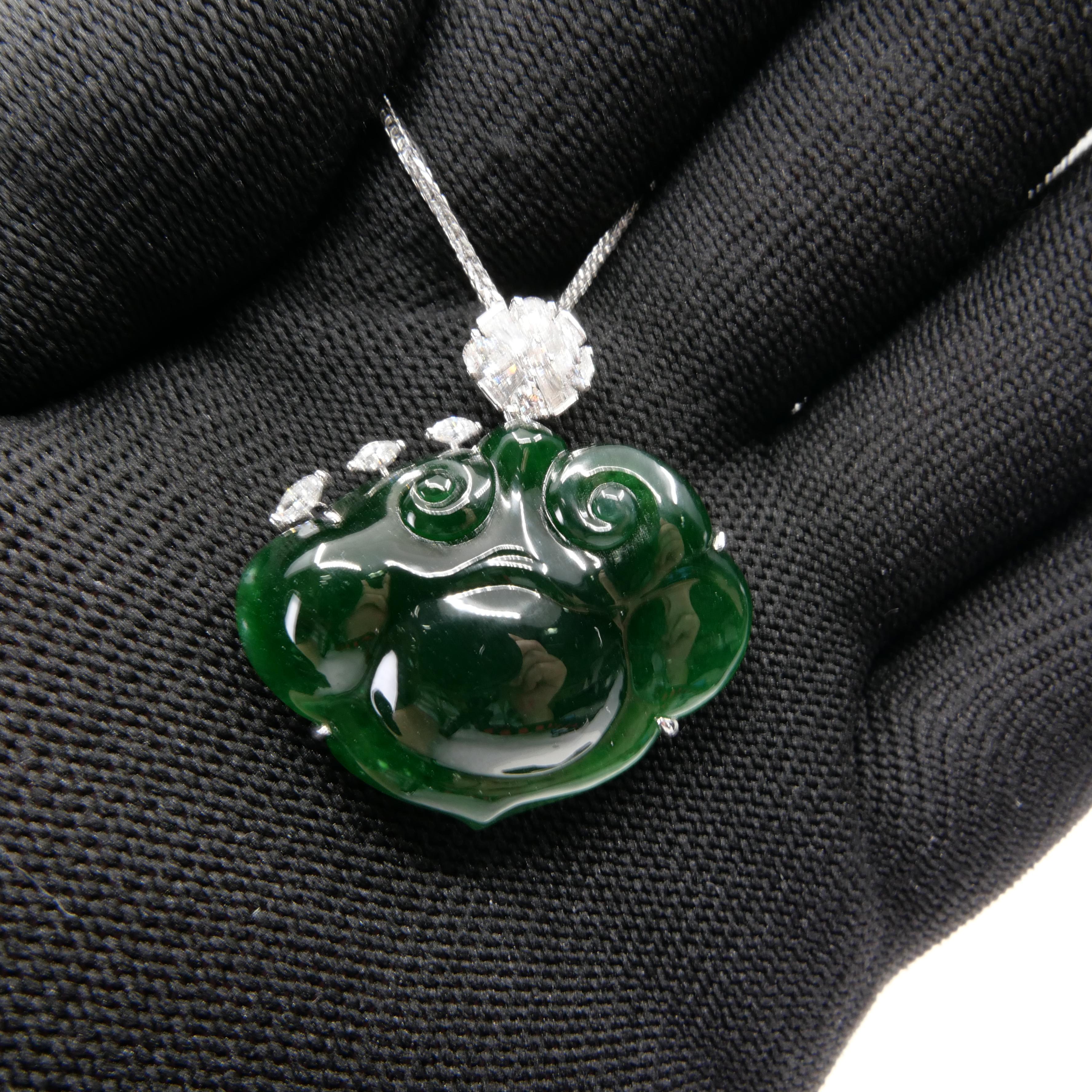 Certified Natural Carved Ruyi Jade & Diamond Pendant  Necklace. Intense Green. For Sale 8