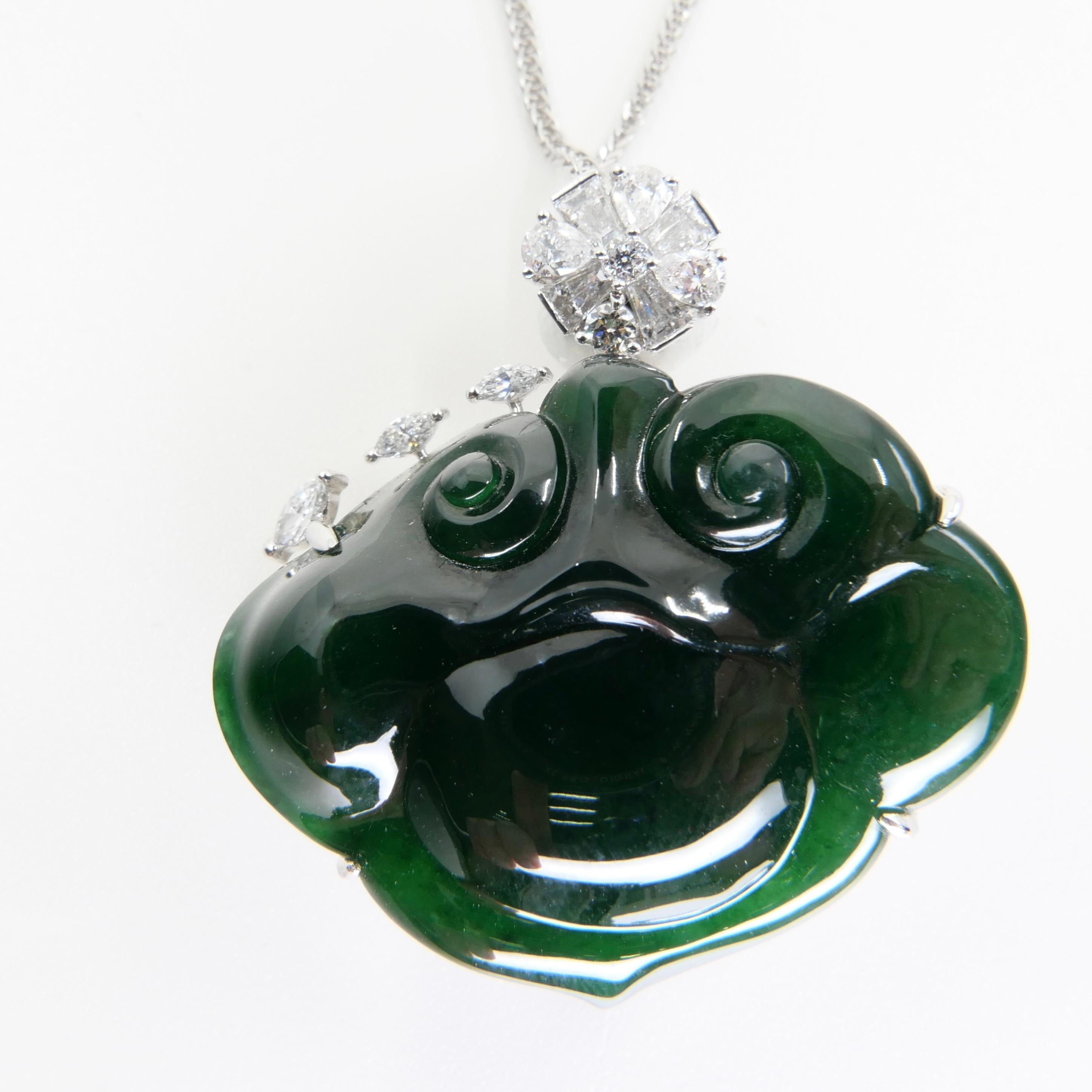 Certified Natural Carved Ruyi Jade & Diamond Pendant  Necklace. Intense Green. For Sale 10