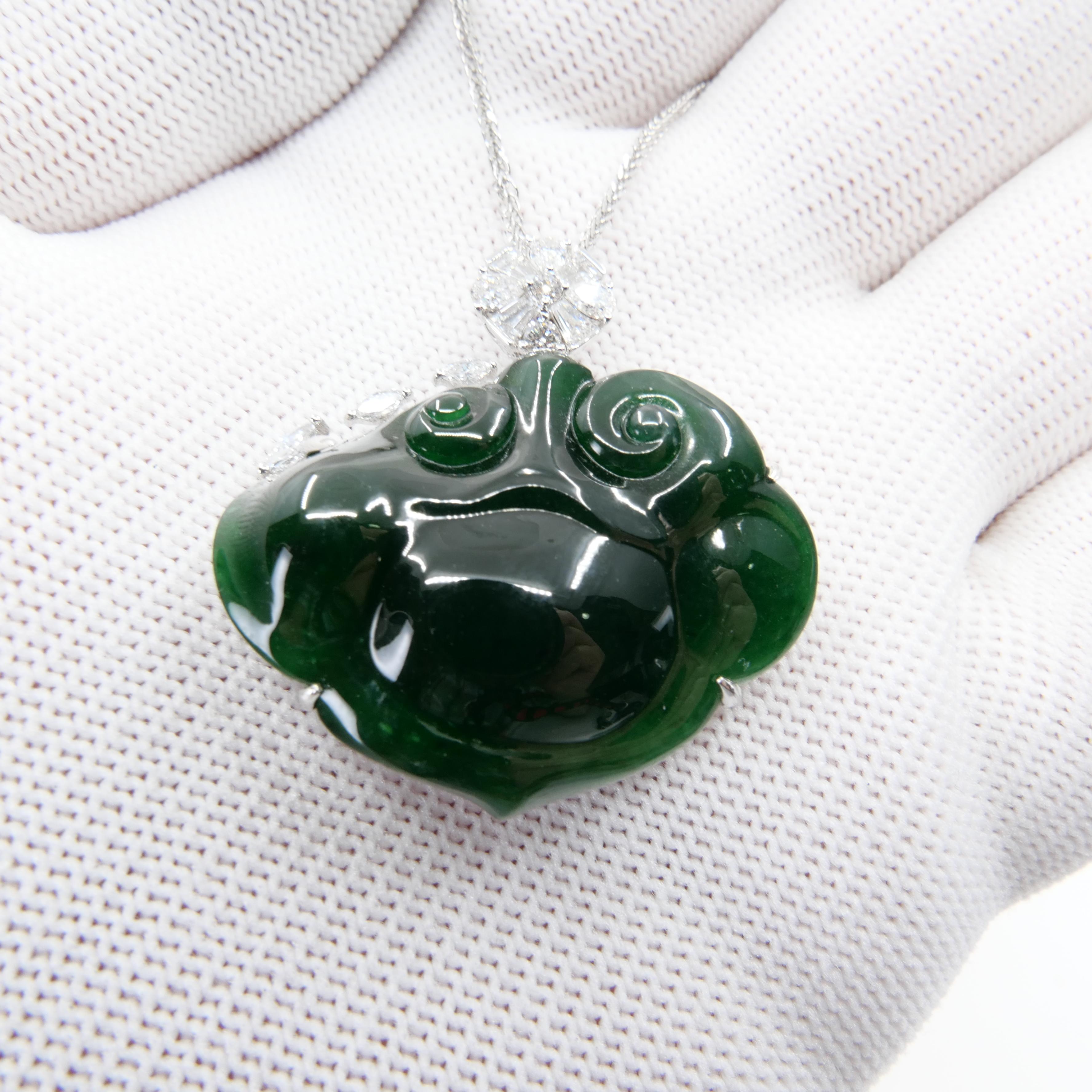 Rough Cut Certified Natural Carved Ruyi Jade & Diamond Pendant  Necklace. Intense Green. For Sale