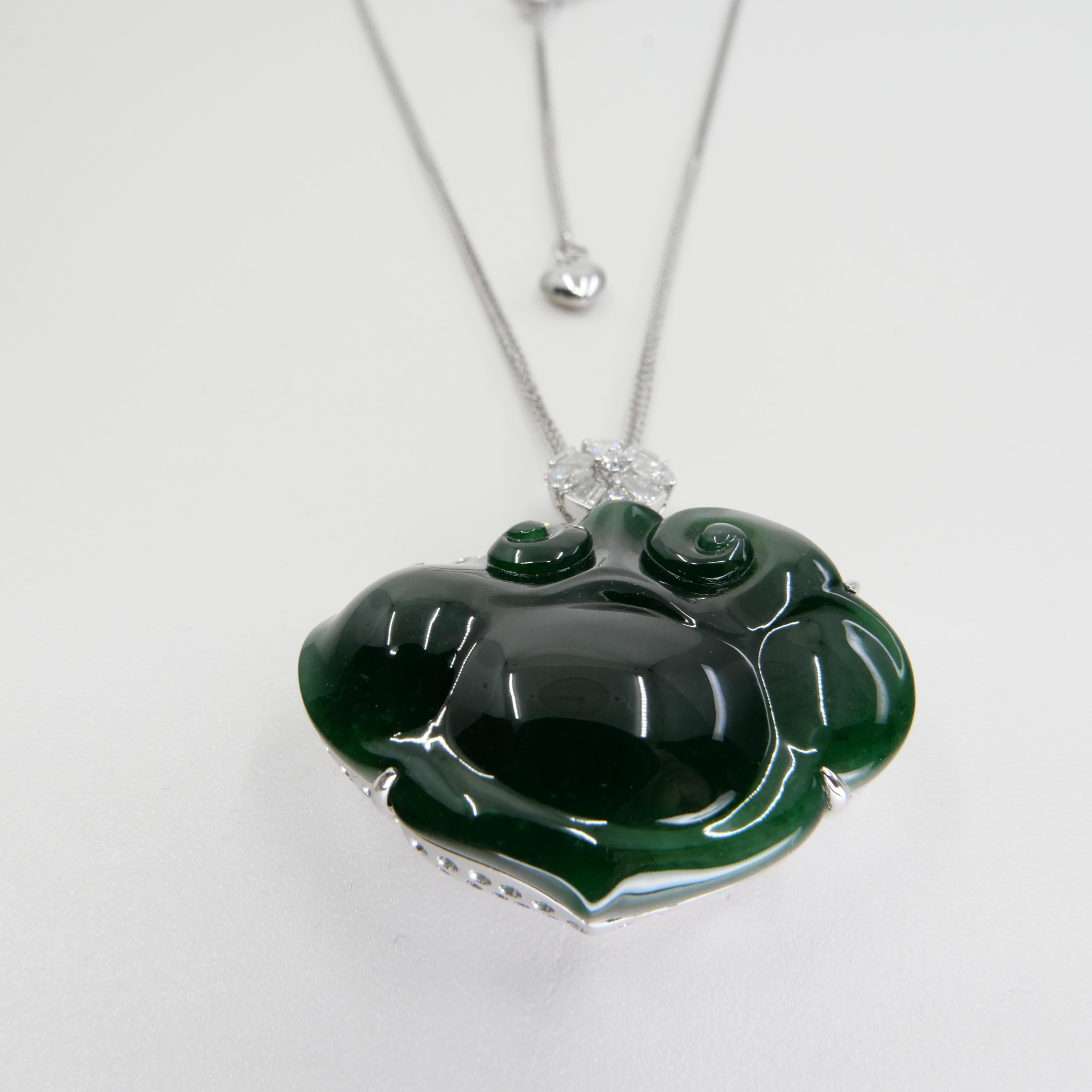 Women's Certified Natural Carved Ruyi Jade & Diamond Pendant  Necklace. Intense Green. For Sale
