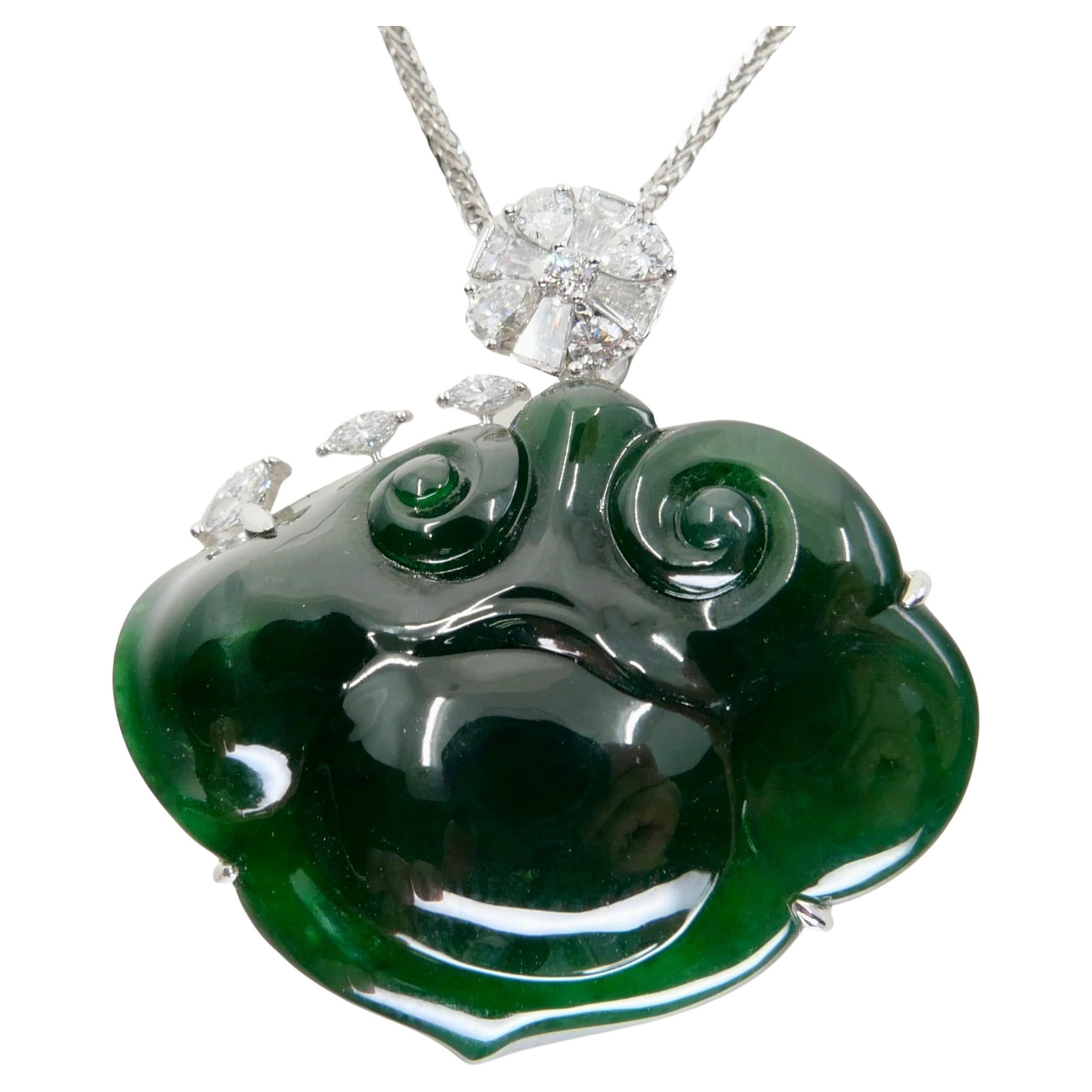 Certified Natural Carved Ruyi Jade & Diamond Pendant  Necklace. Intense Green. For Sale
