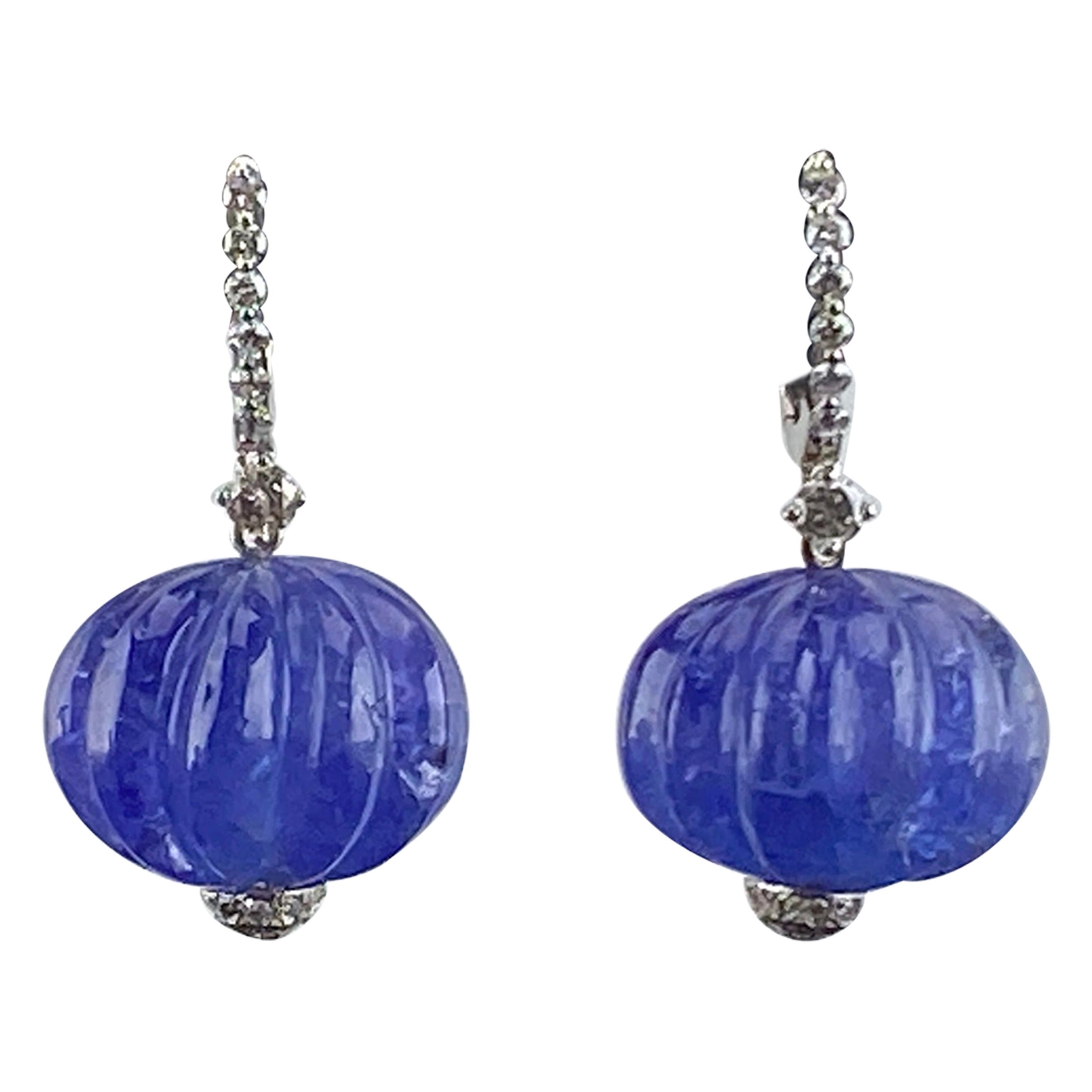 Pendants d'oreilles en or 18 carats avec perles de tanzanite sculptées naturelles certifiées