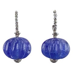 Certified Natural Carving Tanzanite Beaded Dangle Drop Earrings In 18K Gold