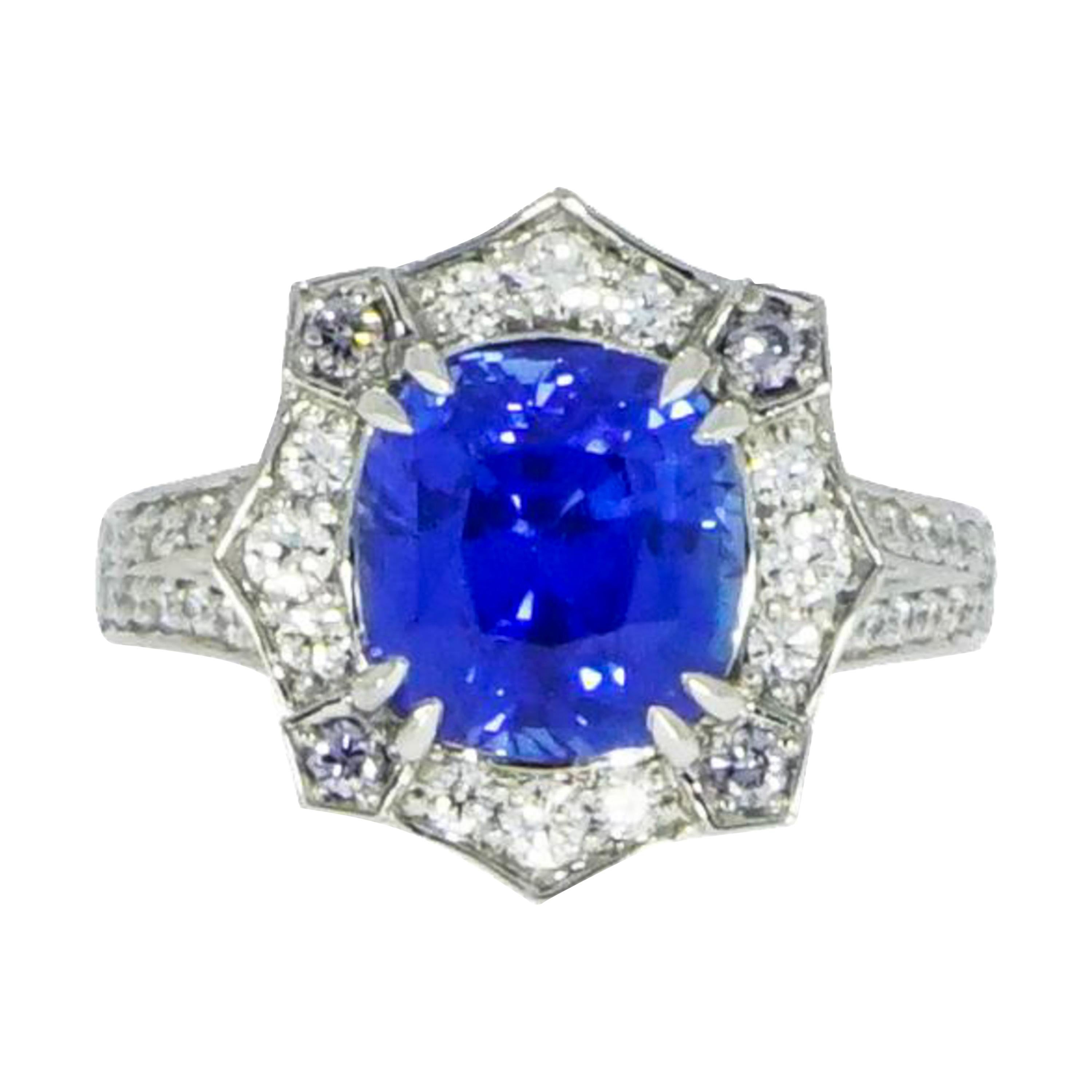 Certified Natural Ceylon Sapphire and Diamond Platinum Ring