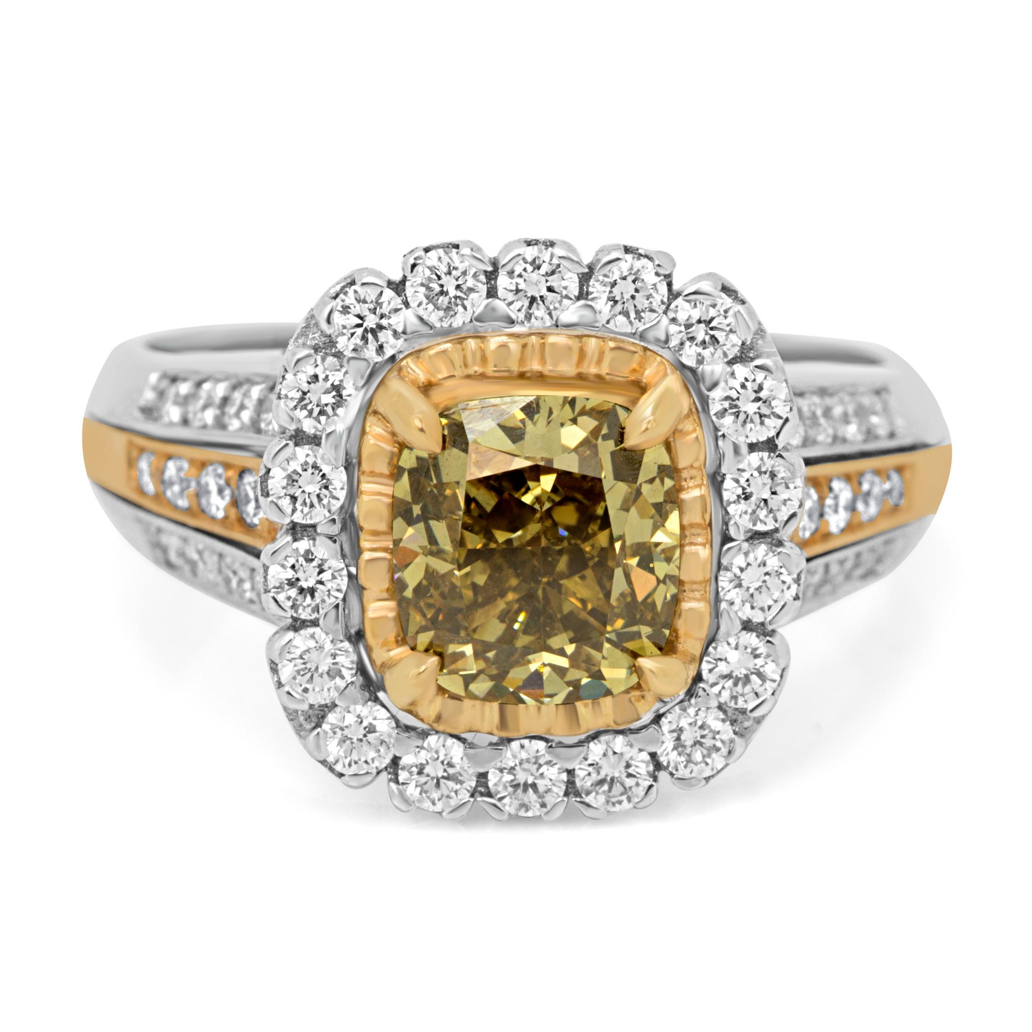Certified Natural Fancy Dark Greenish Yellow Brown Diamond SI1 Cushion 1.71 Carat encircled in a Single Halo of White Colorless Diamond Round VS-SI clarity 0.73 Carat sent Stunning 18K WHite and Rose Gold Bridal Engagement Ring.

Style available in
