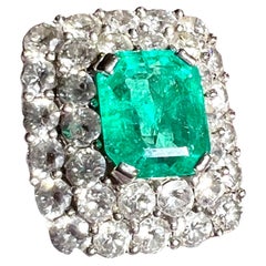 Certified Natural Colombian Emerald 3.38 ct  3.20 ct Old-Cut Diamonds, Platinum