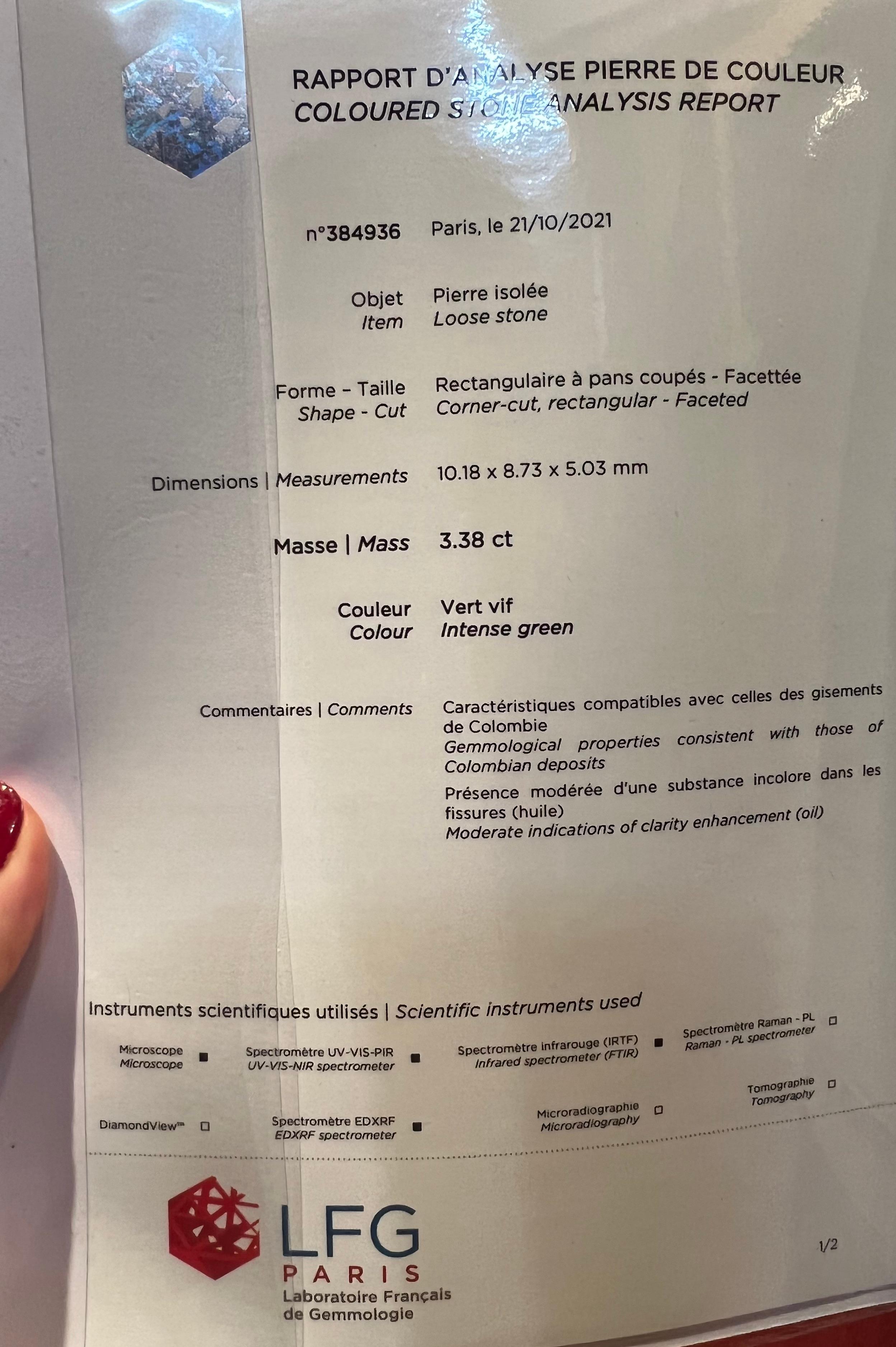 Smeraldo colombiano naturale certificato 3,38 carati  Diamanti taglio vecchio da 3,20 carati, platino in vendita 2