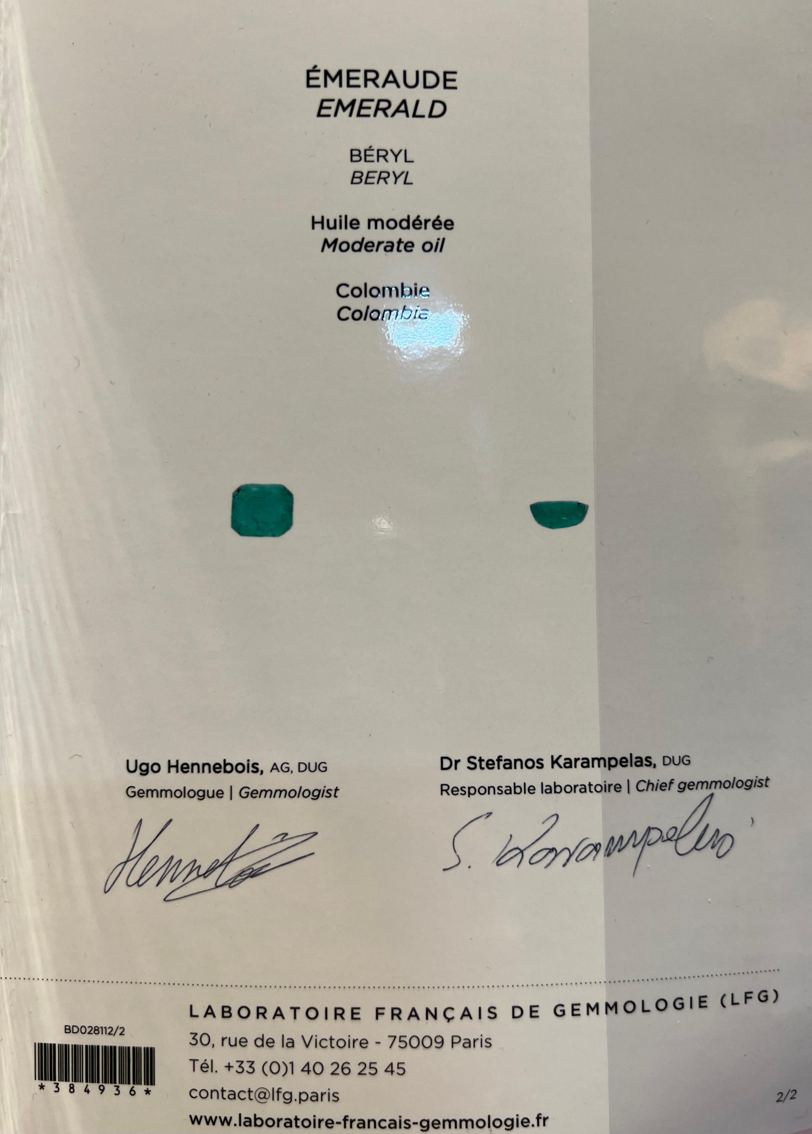 Smeraldo colombiano naturale certificato 3,38 carati  Diamanti taglio vecchio da 3,20 carati, platino in vendita 3