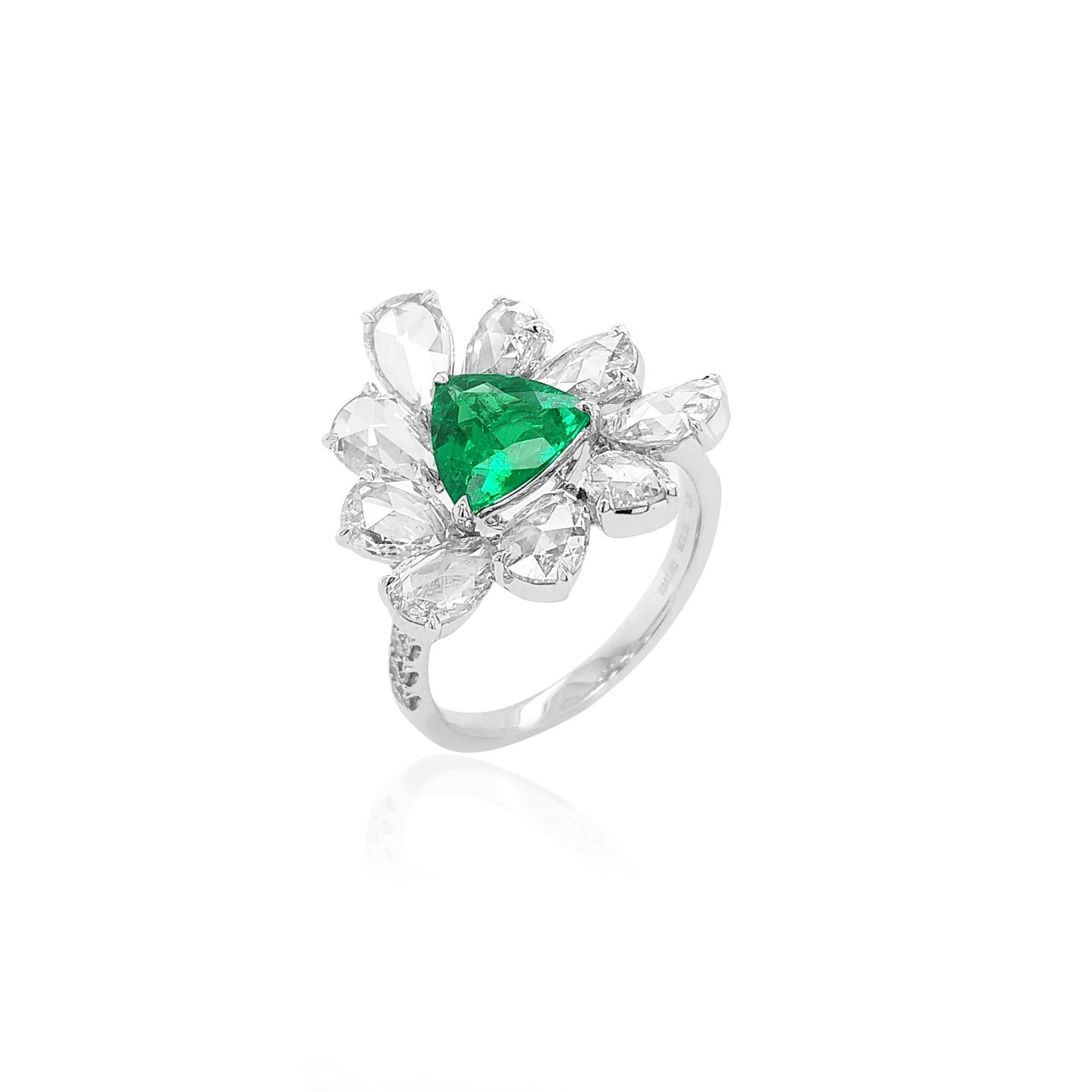 Trillion Cut Certified Colombian Emerald White Diamond 18K Gold Cocktail Ring