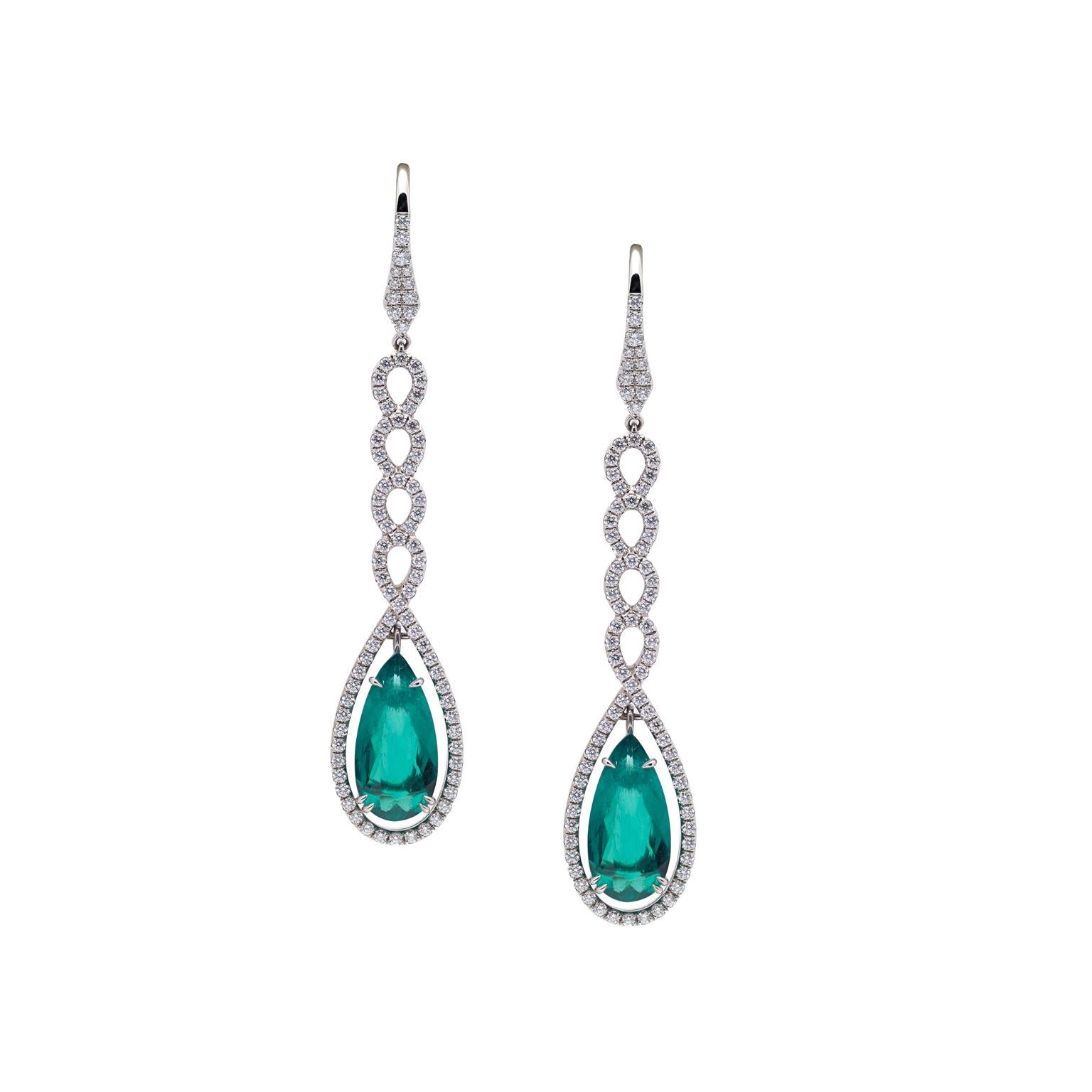Pear Cut Certified Natural Colombian Emeralds 3.97 Carats Platinum Earrings For Sale
