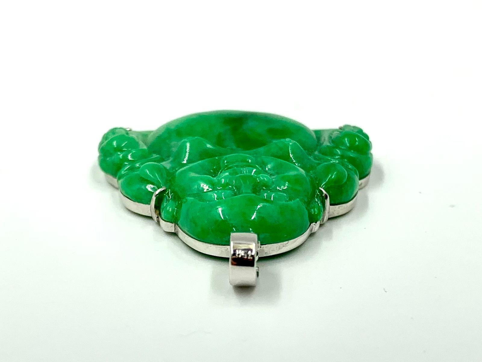 Certified Natural Color Fei Cui Type A Apple Green Jade Laughing Buddha Pendant For Sale 4