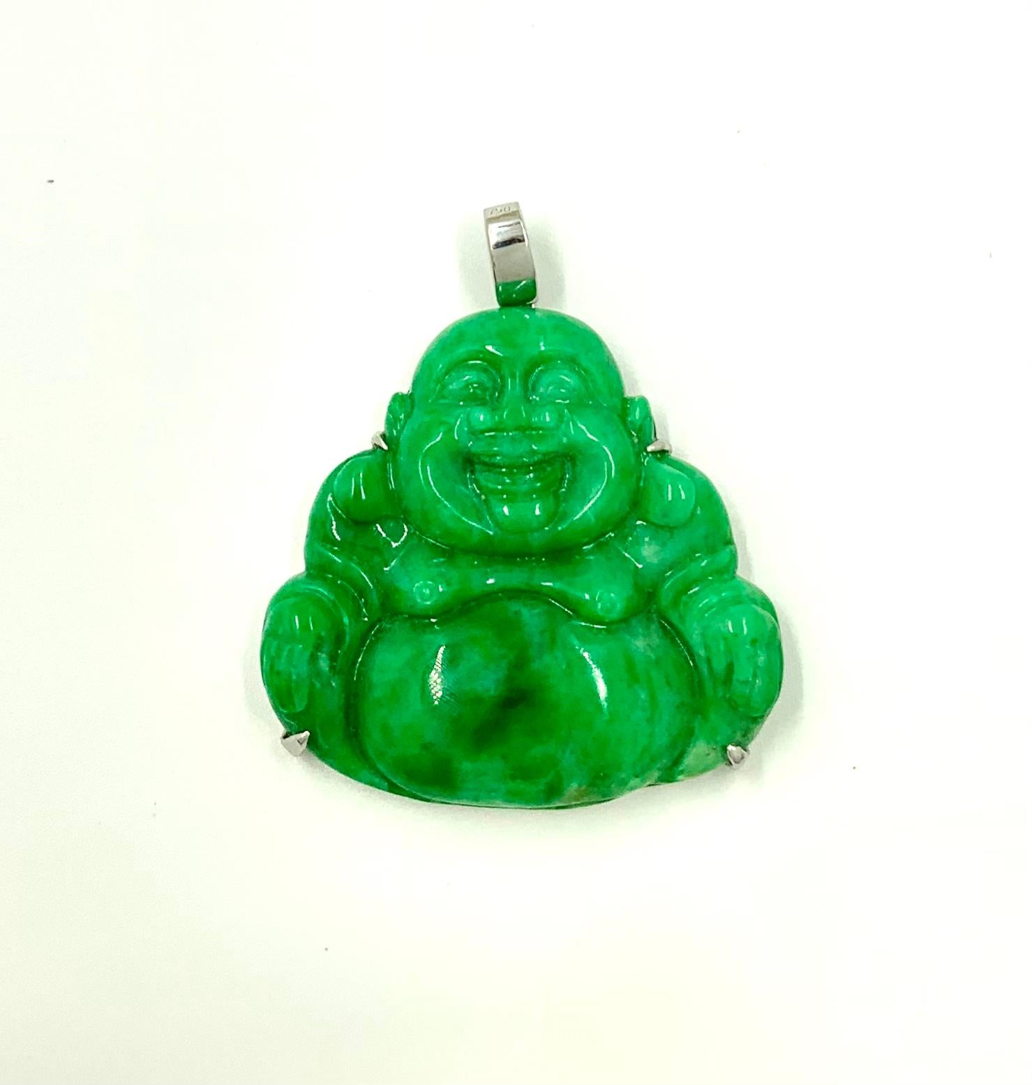 Certified Natural Color Fei Cui Type A Apple Green Jade Laughing Buddha Pendant For Sale 5