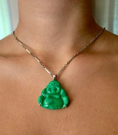 Certified Natural Fei Cui Type A Apple Green Jade 18K Laughing Buddha Pendant