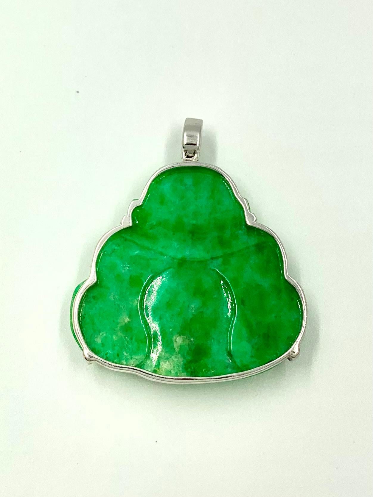 Women's or Men's Certified Natural Color Fei Cui Type A Apple Green Jade Laughing Buddha Pendant For Sale