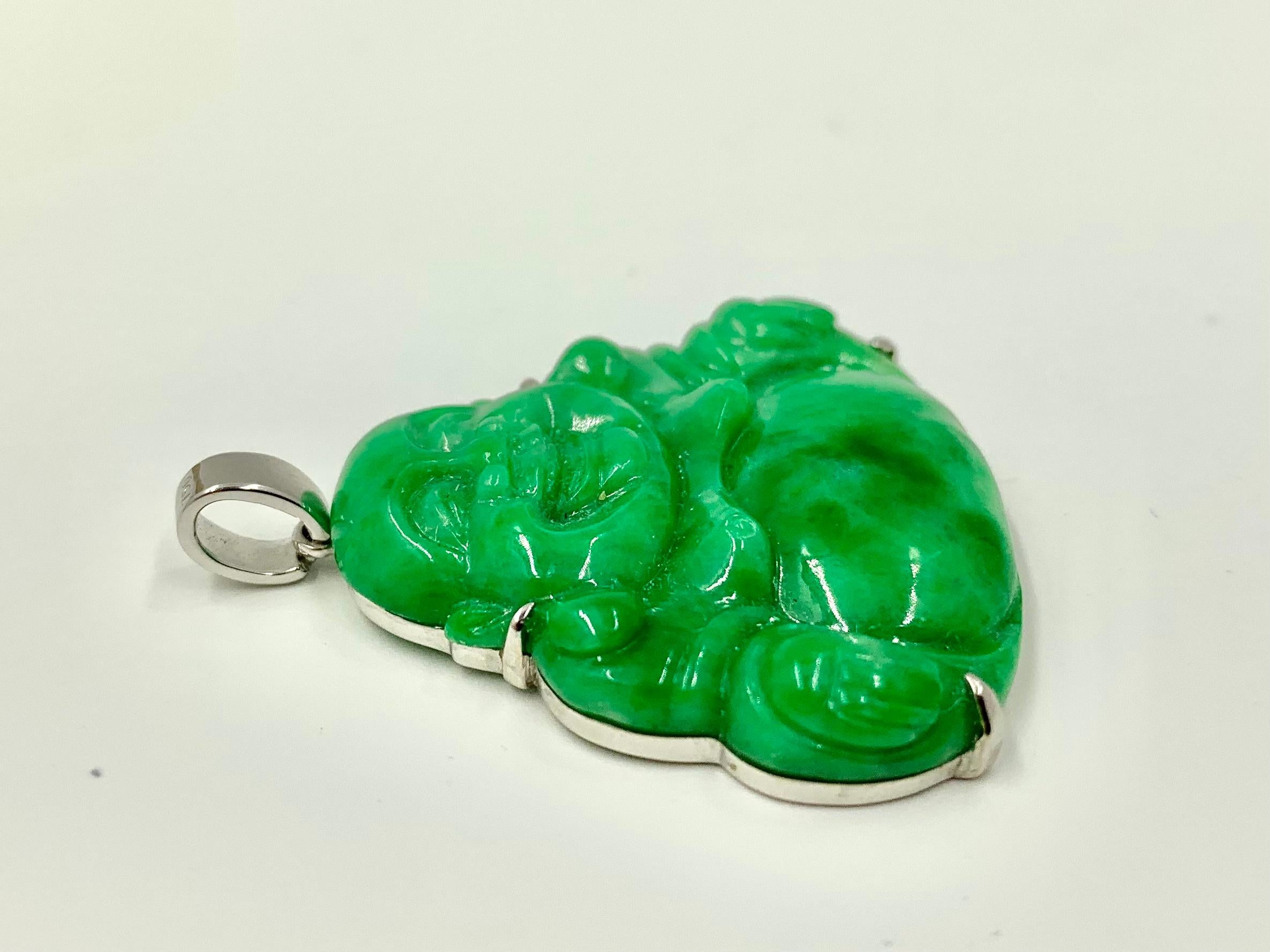 Certified Natural Color Fei Cui Type A Apple Green Jade Laughing Buddha Pendant For Sale 1