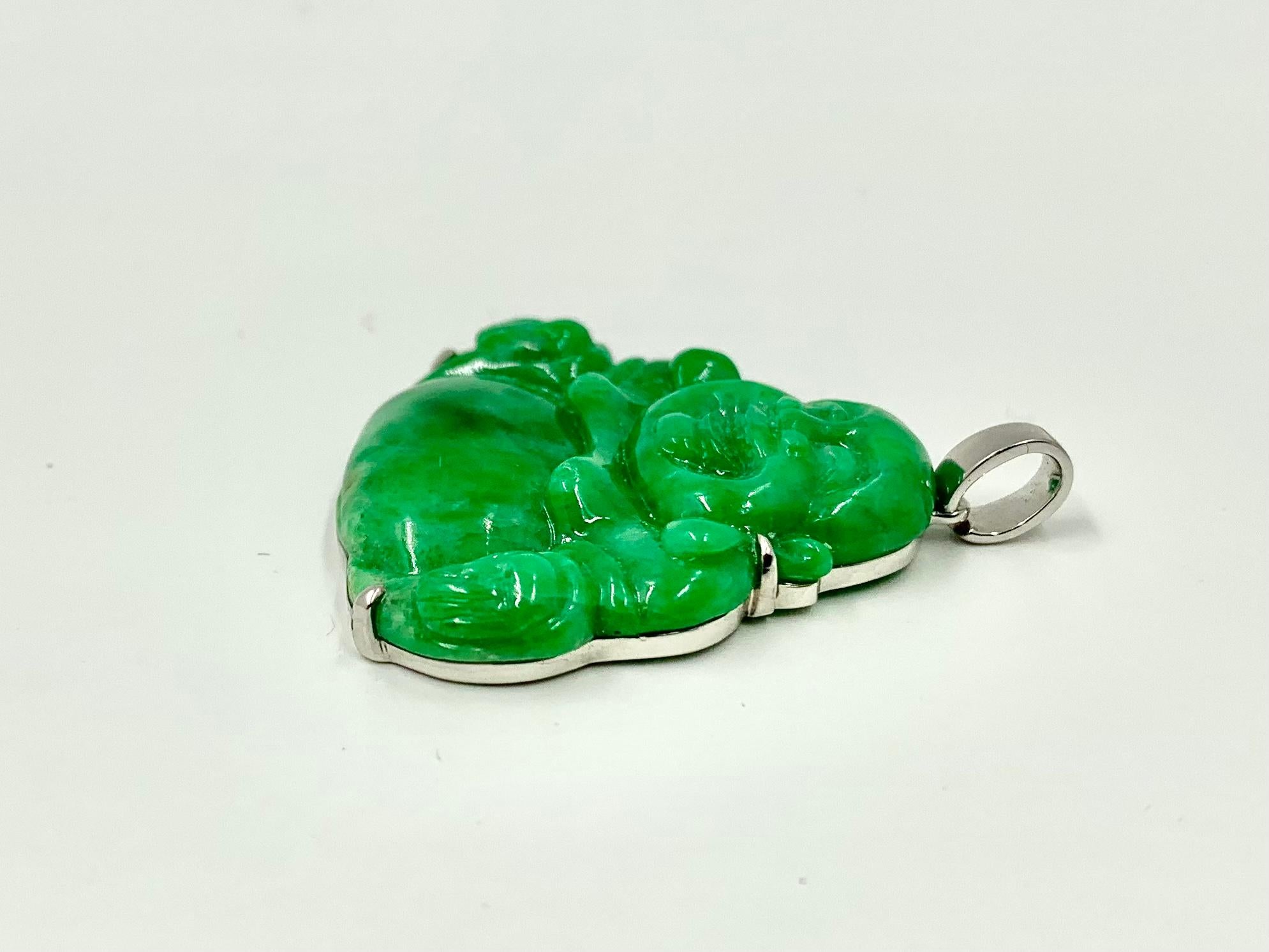 Certified Natural Color Fei Cui Type A Apple Green Jade Laughing Buddha Pendant For Sale 2