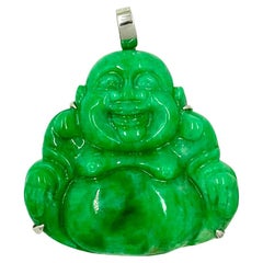 Vintage Certified Natural Color Fei Cui Type A Apple Green Jade Laughing Buddha Pendant