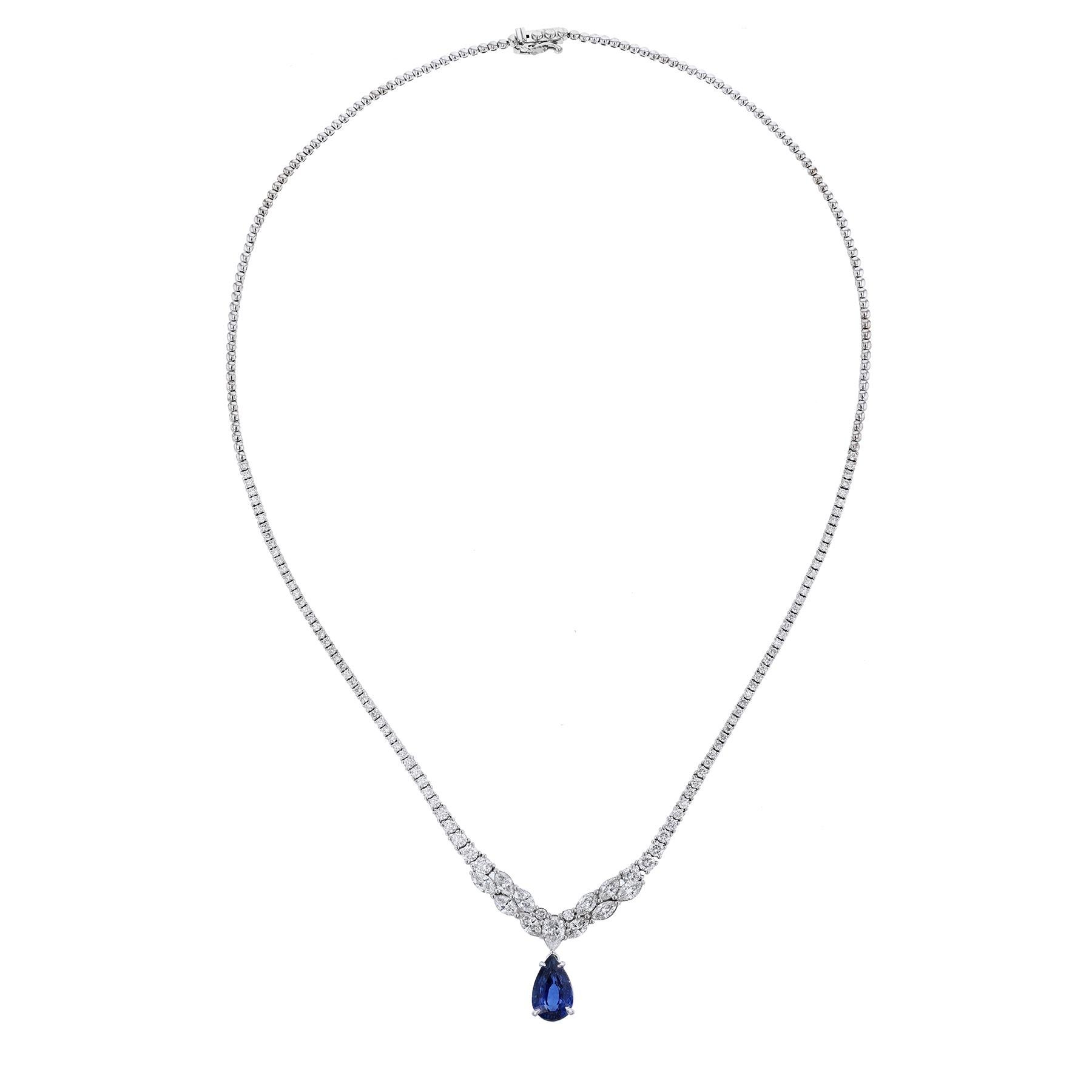 This necklace is made in 14K white gold and features a CDC Certified (CDC 170051) pear shape, 4.37 carat Natural Corundum Ceylon Blue Sapphire, from Sri Lanka. With a color grade (H).Attached to a classic diamond design that includes a center pear