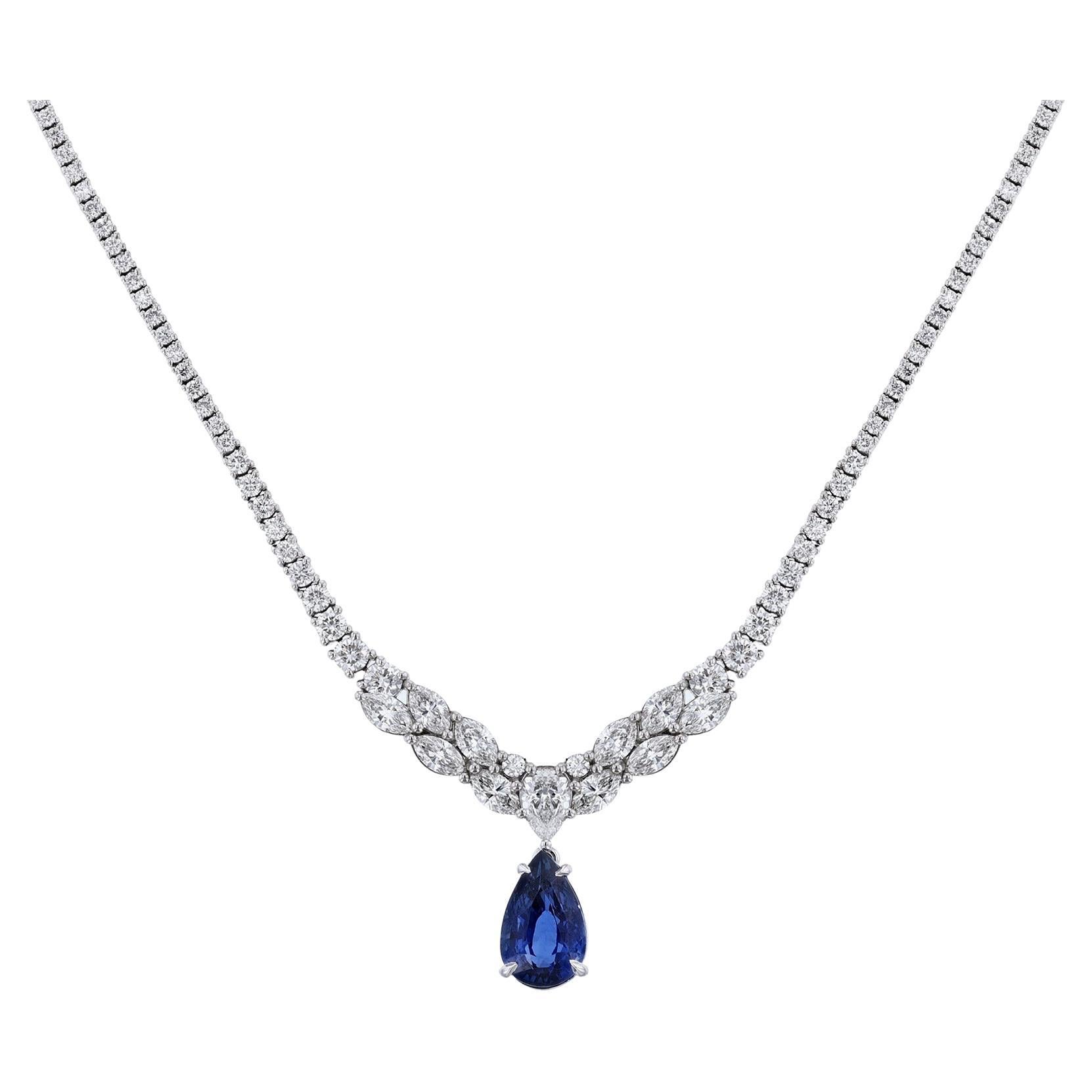 Halskette mit zertifiziertem natürlichem Korund, blauem Ceylon-Saphir und Diamanttropfen