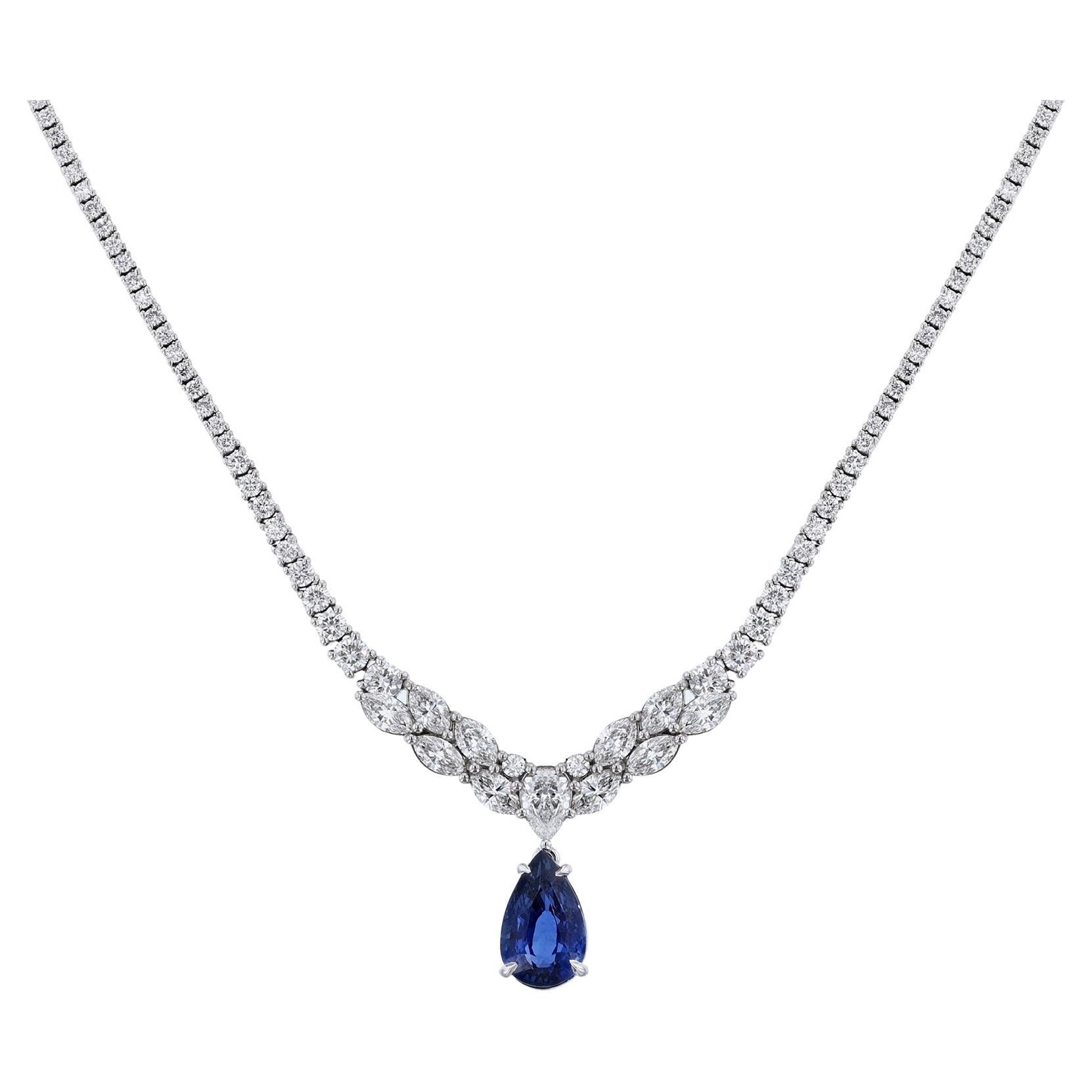 Collana con diamanti a goccia in corindone naturale certificato e zaffiro blu di Ceylon