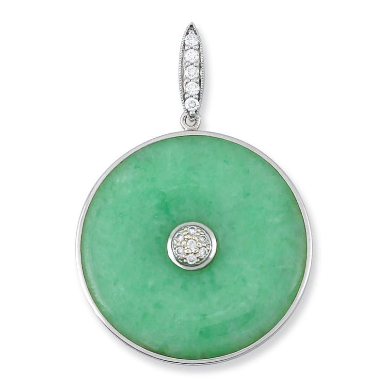 A Mason-Kay Original Design! Classic & One-of-a-kind! Certified Natural Apple Green Jadeite Jade 28mm disc set in an 18K white gold bezel with gold and diamond center and bail. Diamonds total .22cts. Gorgeous & perfect for anyone!

*** Mason-Kay
