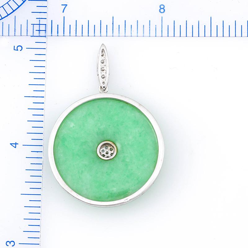 Cabochon Certified Natural Designer Green Jadeite Jade Disc Pendant with Diamonds For Sale