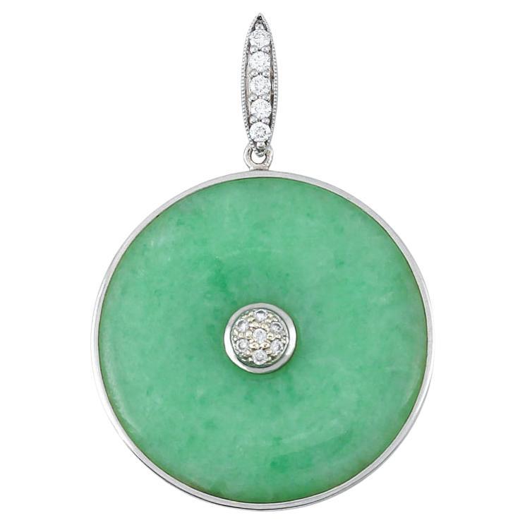 Certified Natural Designer Green Jadeite Jade Disc Pendant with Diamonds For Sale