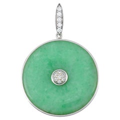 Certified Natural Designer Green Jadeite Jade Disc Pendant with Diamonds