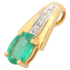 Certified Natural Diamond and Oval Emerald Pendant in 18K Solid Yellow Gold