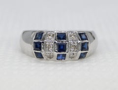 Certified Natural Diamond & Blue Sapphire Band White Gold Band Vermeil Ring