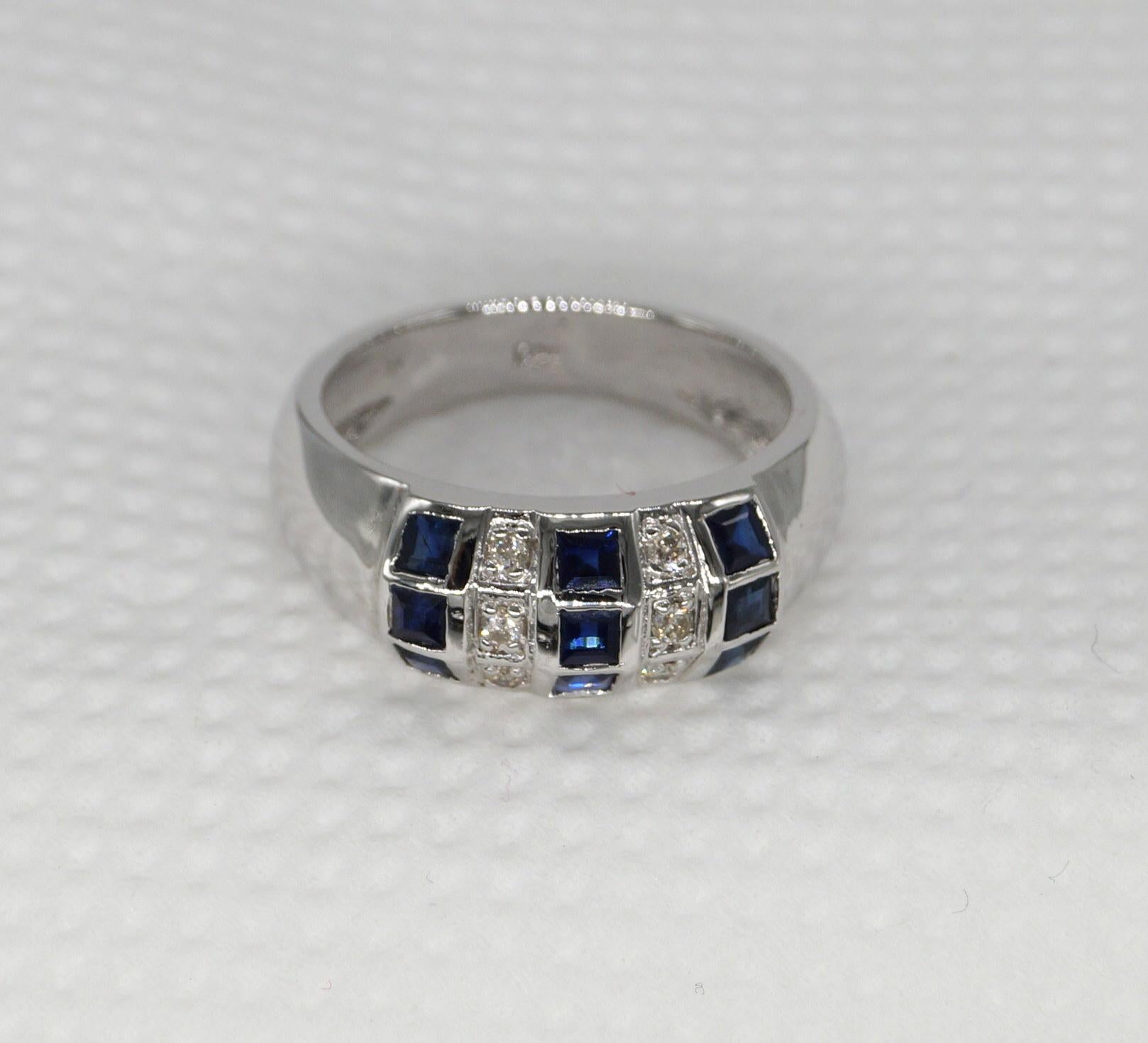 Bague en or blanc Vermeil avec diamant naturel certifié et saphir bleu Unisexe en vente