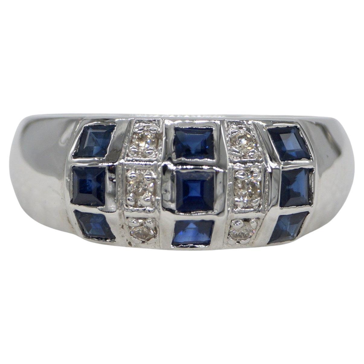 Zertifizierter natürlicher Diamant & blauer Saphir Band Weißgold Band Vermeil Ring