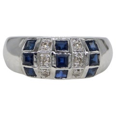 Certified Natural Diamond & Blue Sapphire Band White Gold Band Vermeil Ring