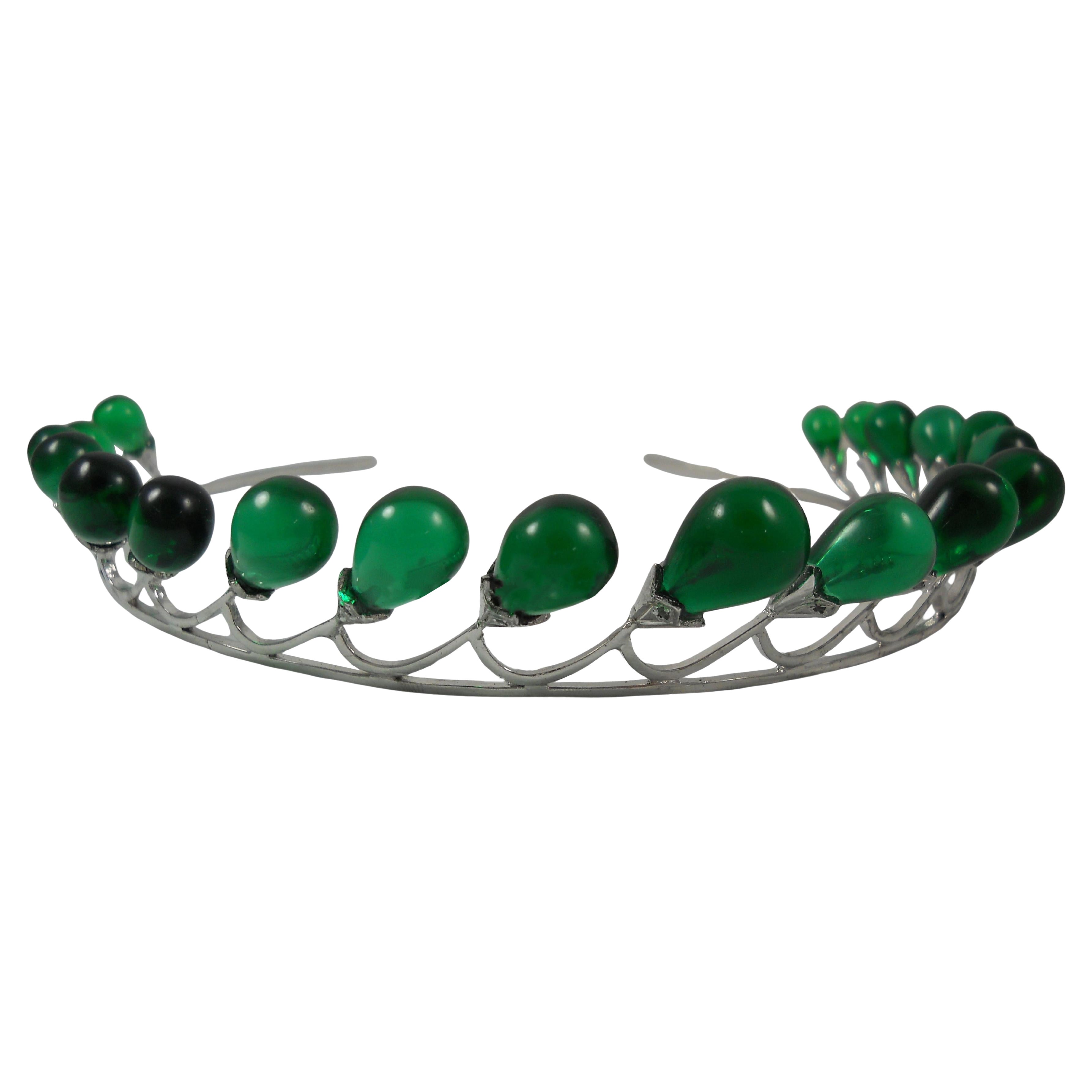 Zertifizierte natürliche Diamant grün Onyx Tropfen Silber Tiara Kopf Zubehör Band im Angebot