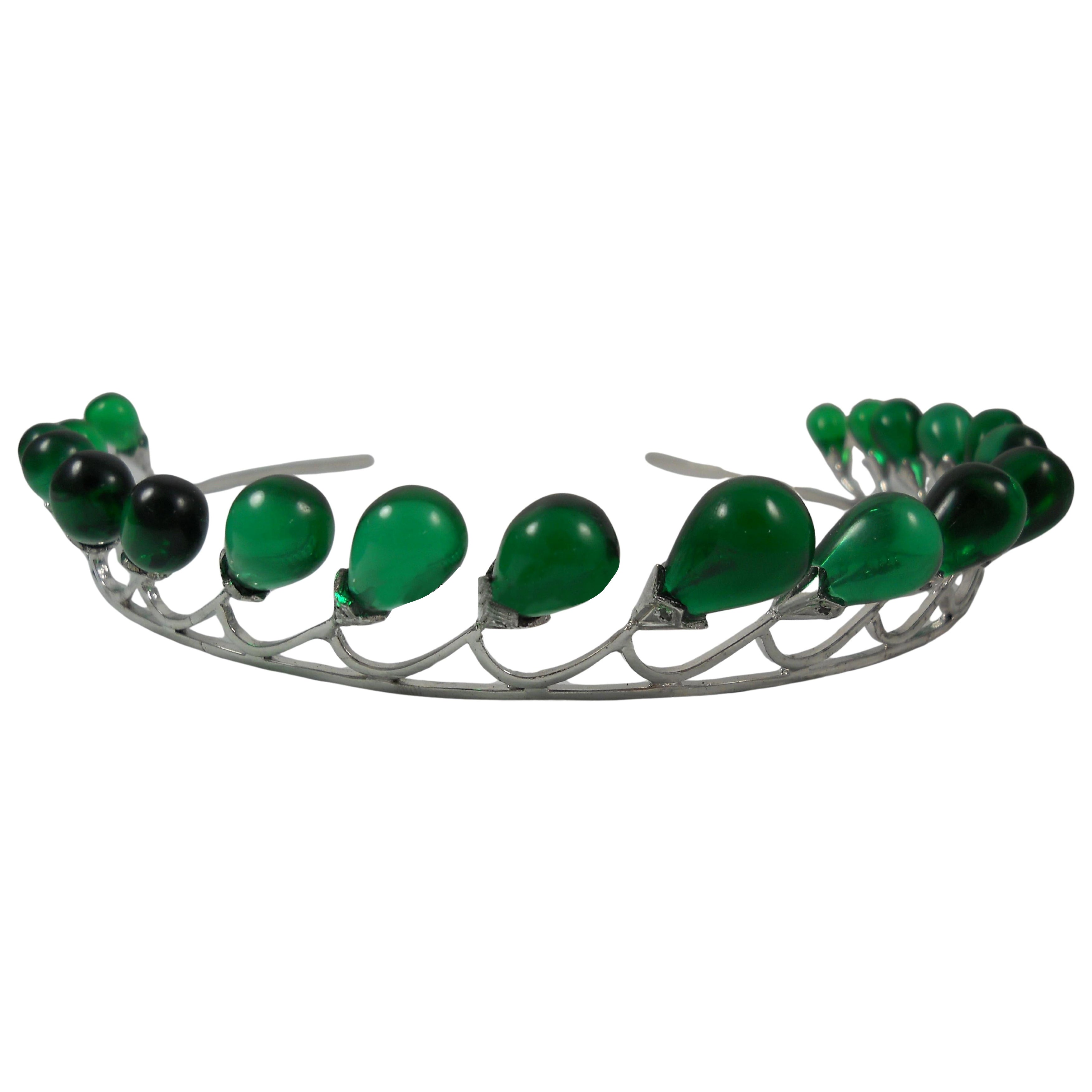 Diamante naturale certificato, onice verde, gocce, tiara d
argento, fascia per la testa, accessorio per la testa in vendita