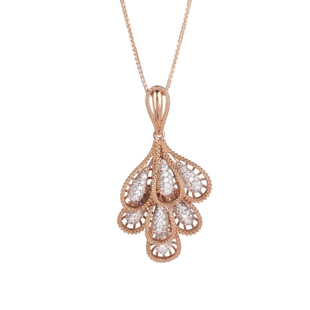 Crafted in 18.14 grams of 18-karat Rose Gold, The Michanga Necklace and Earrings Jewelry Set contains 194 Stones of Round Diamonds with a total of 1.44-Carats in F-G Color and VVS-VS Clarity. This style does not include chain.

CONTEMPORARY AND