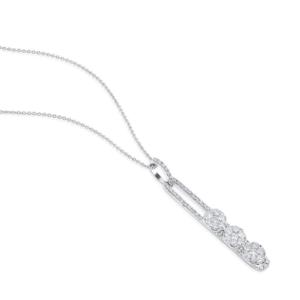Crafted in 12.78 grams of 14-karat White Gold, The Duwoni Necklace and Drop Earrings Jewelry Set contains 118 Stones of Round Diamonds with a total of 2.81-Carats in G-H Color and VS-SI Clarity. The Necklace is 18-inch in Length.

CONTEMPORARY AND