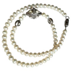 Certified natural diamonds bead Natural White Pearls sterling silver necklace