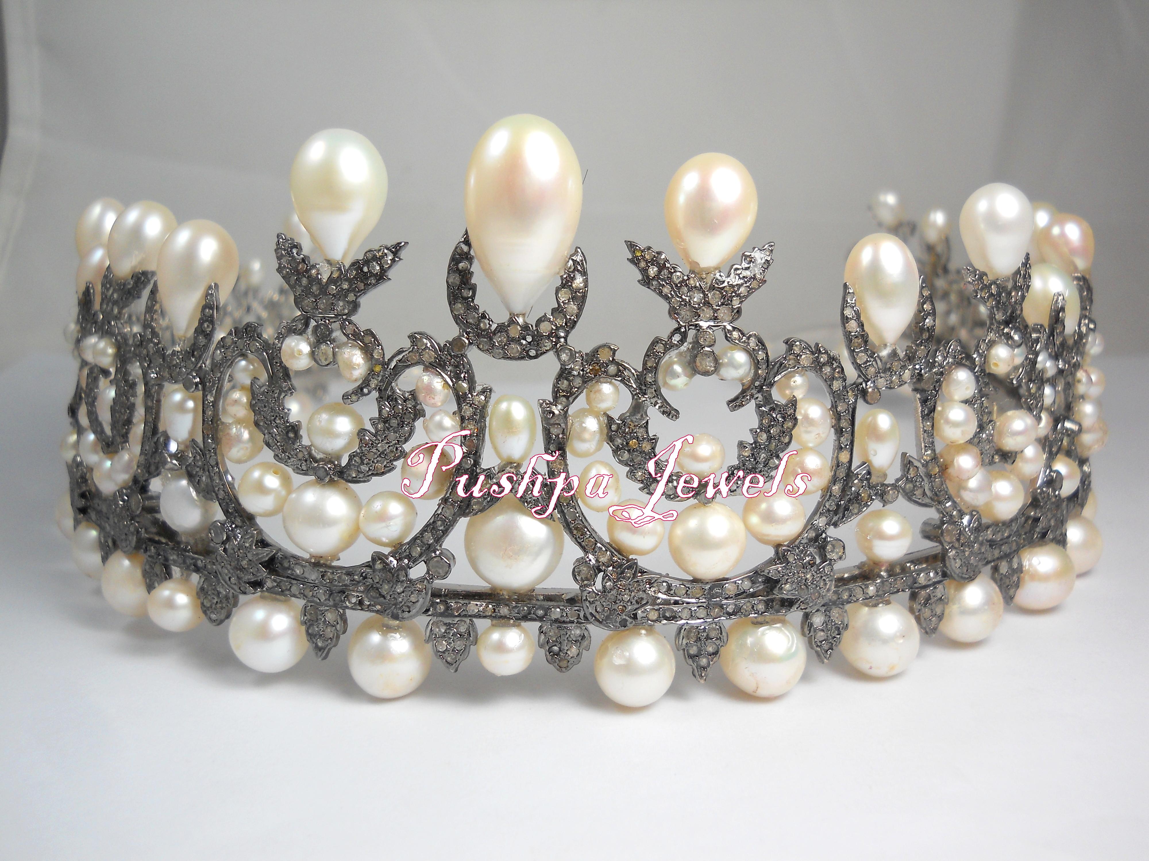 Diamanti naturali certificati Perle a goccia Tiara in argento sterling Fascia di accessori per la testa in vendita 5