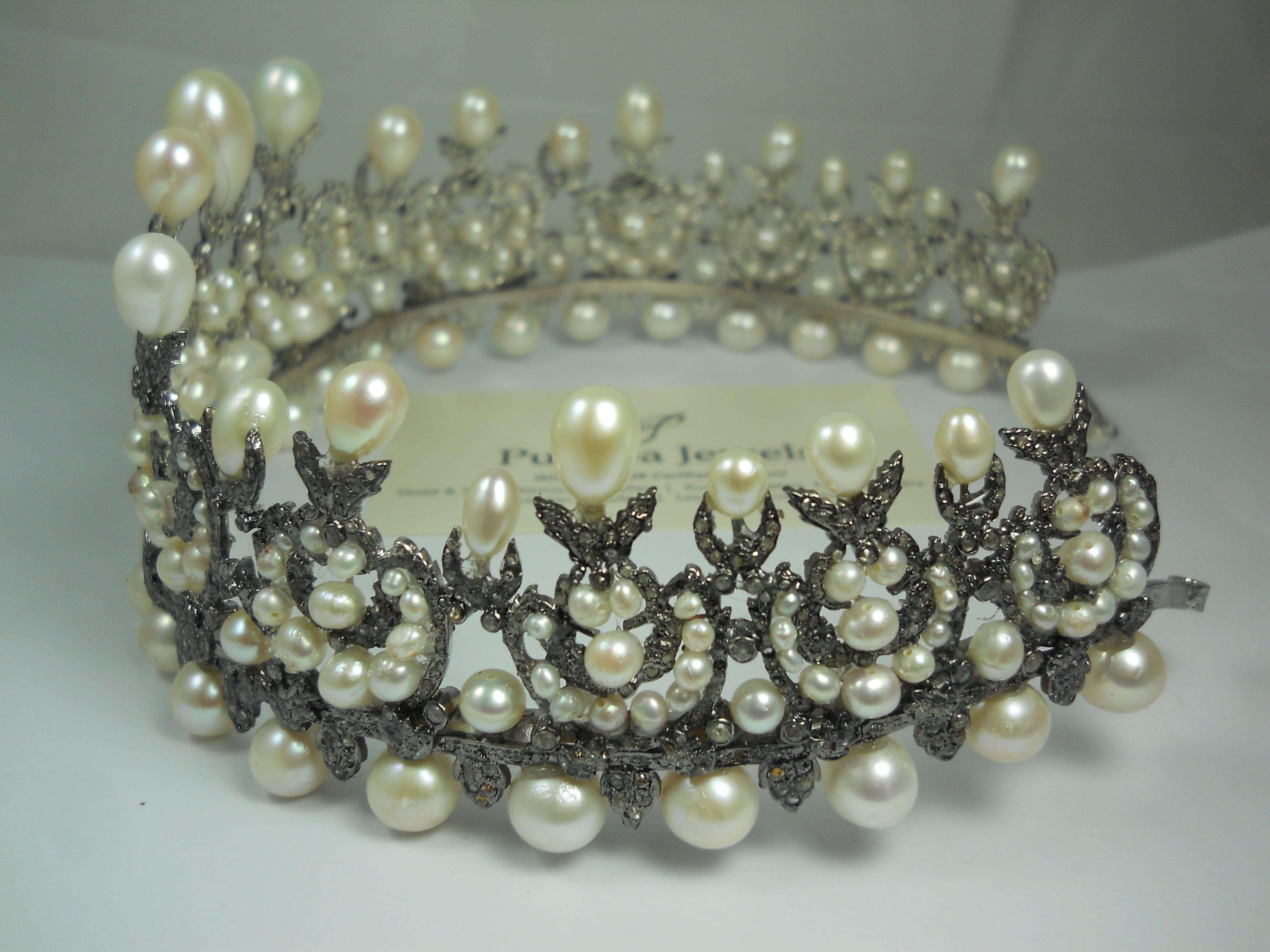Diamanti naturali certificati Perle a goccia Tiara in argento sterling Fascia di accessori per la testa In condizioni Nuovo in vendita a Delhi, DL