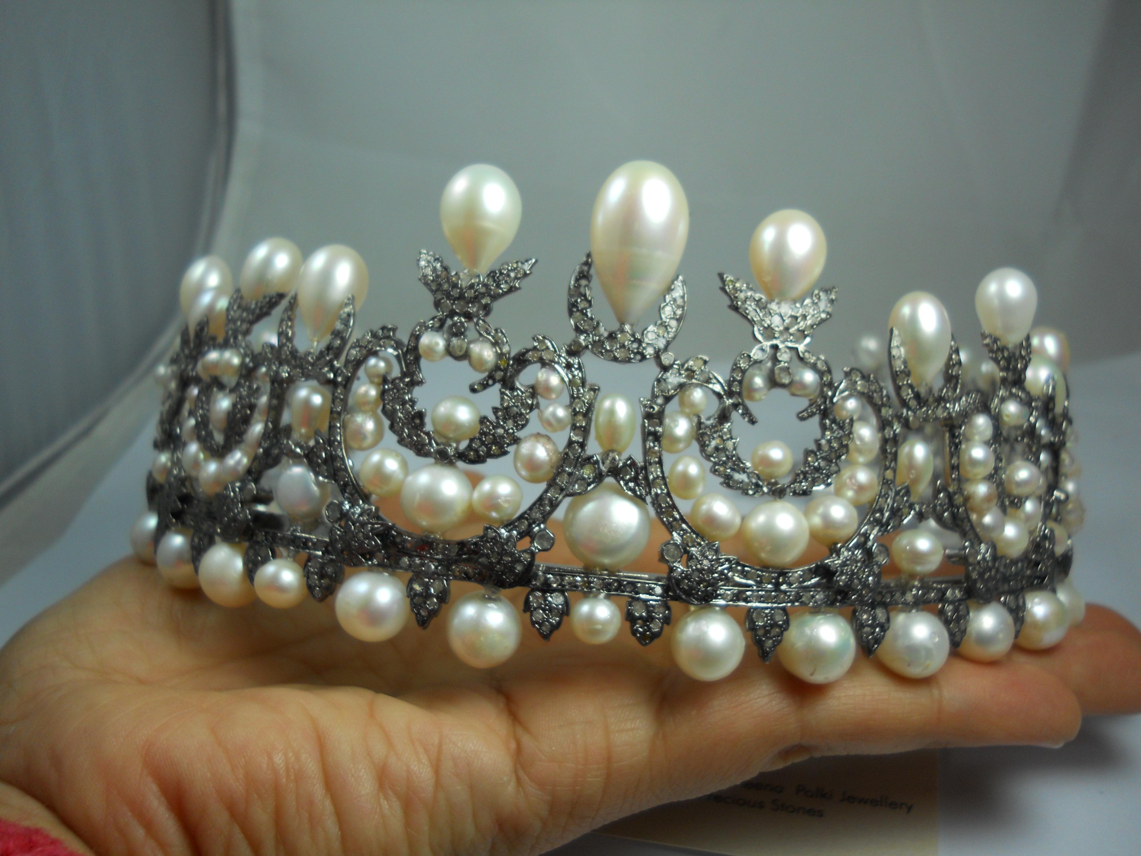 Diamanti naturali certificati Perle a goccia Tiara in argento sterling Fascia di accessori per la testa in vendita 6