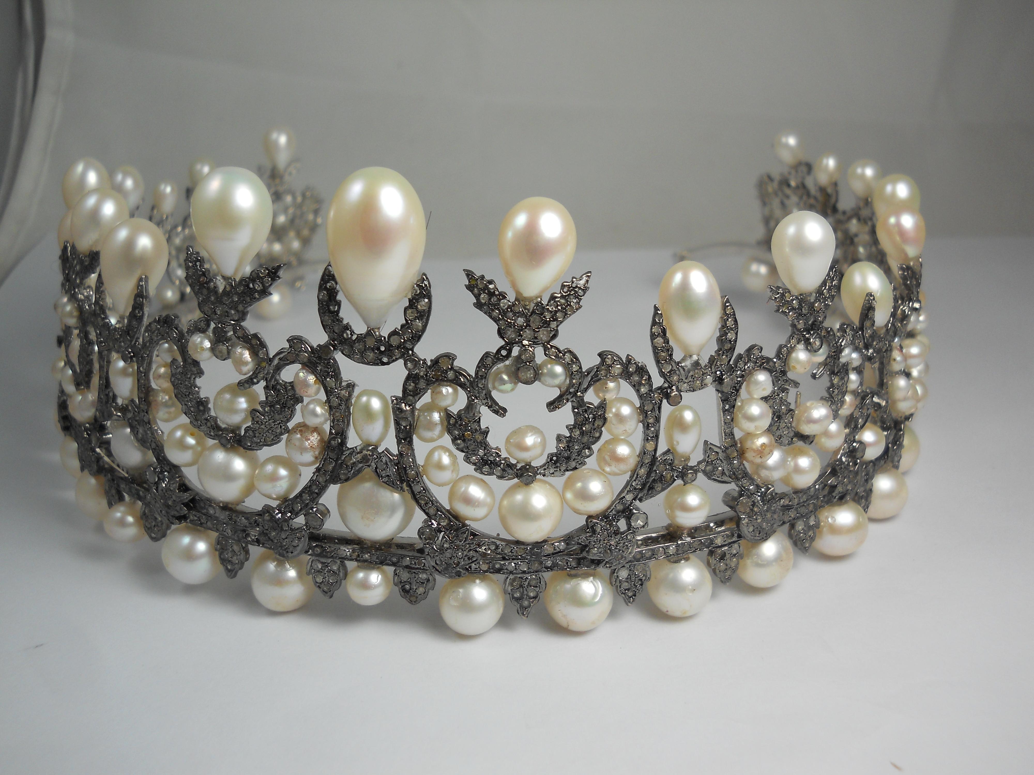 Edoardiano Diamanti naturali certificati Perle a goccia Tiara in argento sterling Fascia di accessori per la testa in vendita