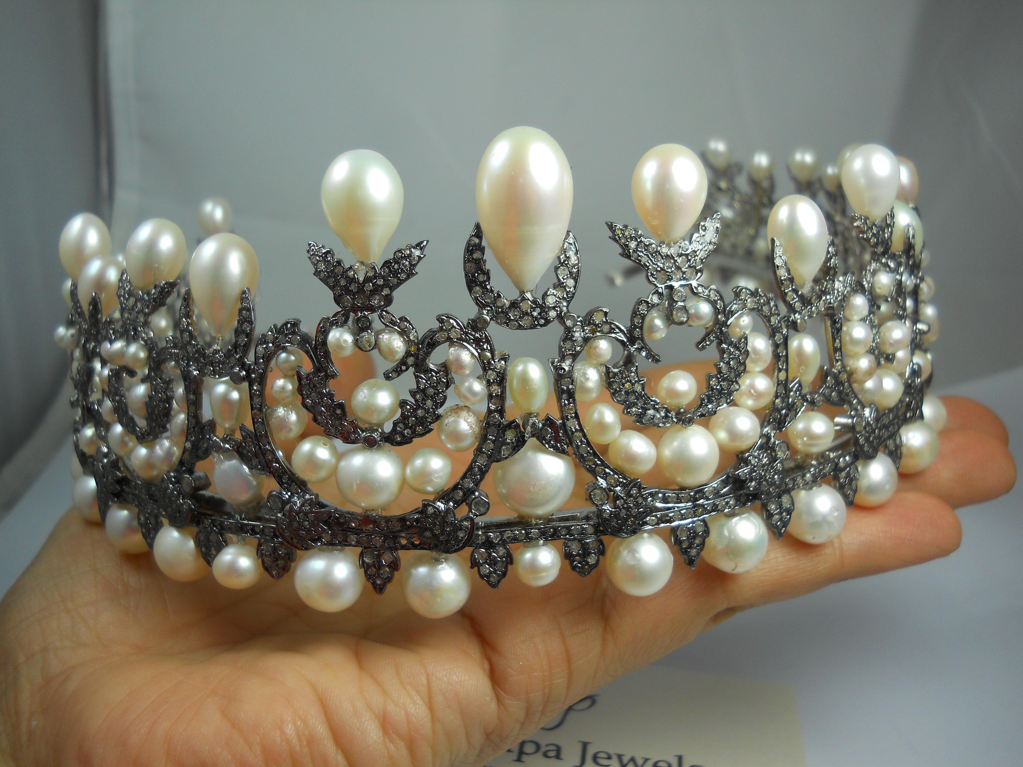 Taglio a rosa Diamanti naturali certificati Perle a goccia Tiara in argento sterling Fascia di accessori per la testa in vendita