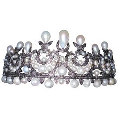 Certified Natural diamonds Drop Pearls sterling silver tiara head accessory band