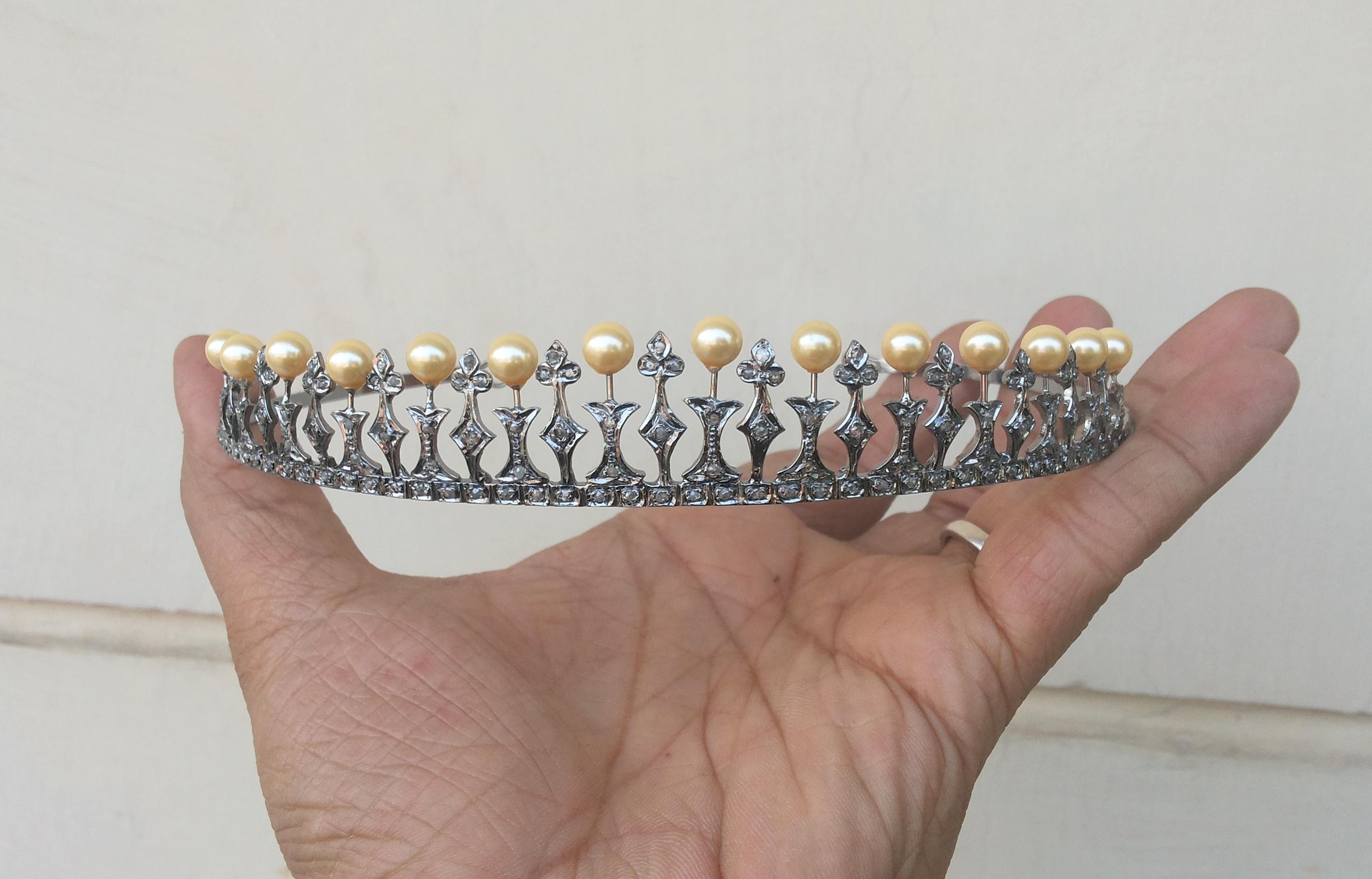 Edwardian Certified Natural diamonds Pearls sterling silver tiara head accessory band For Sale