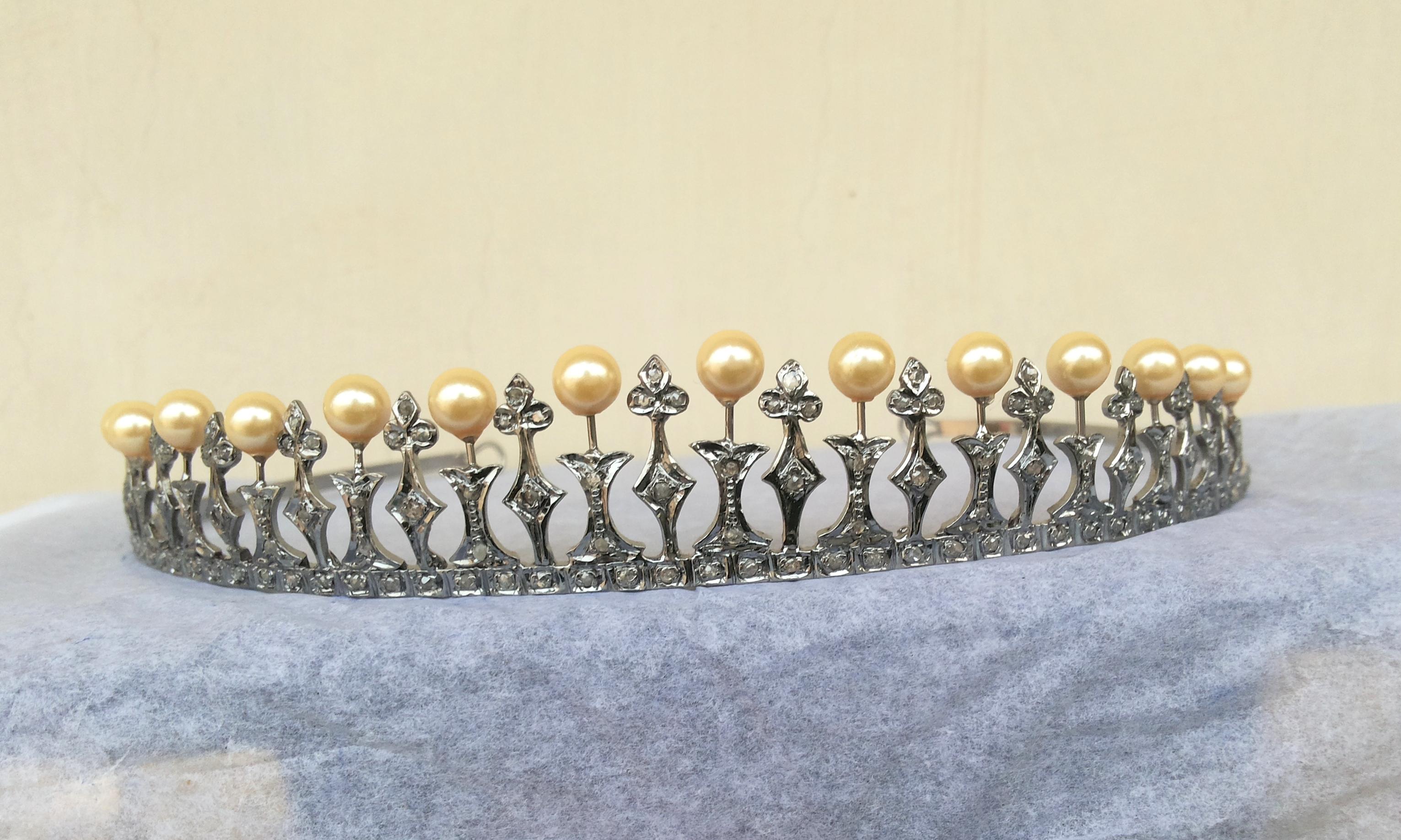 Rose Cut Certified Natural diamonds Pearls sterling silver tiara head accessory band For Sale