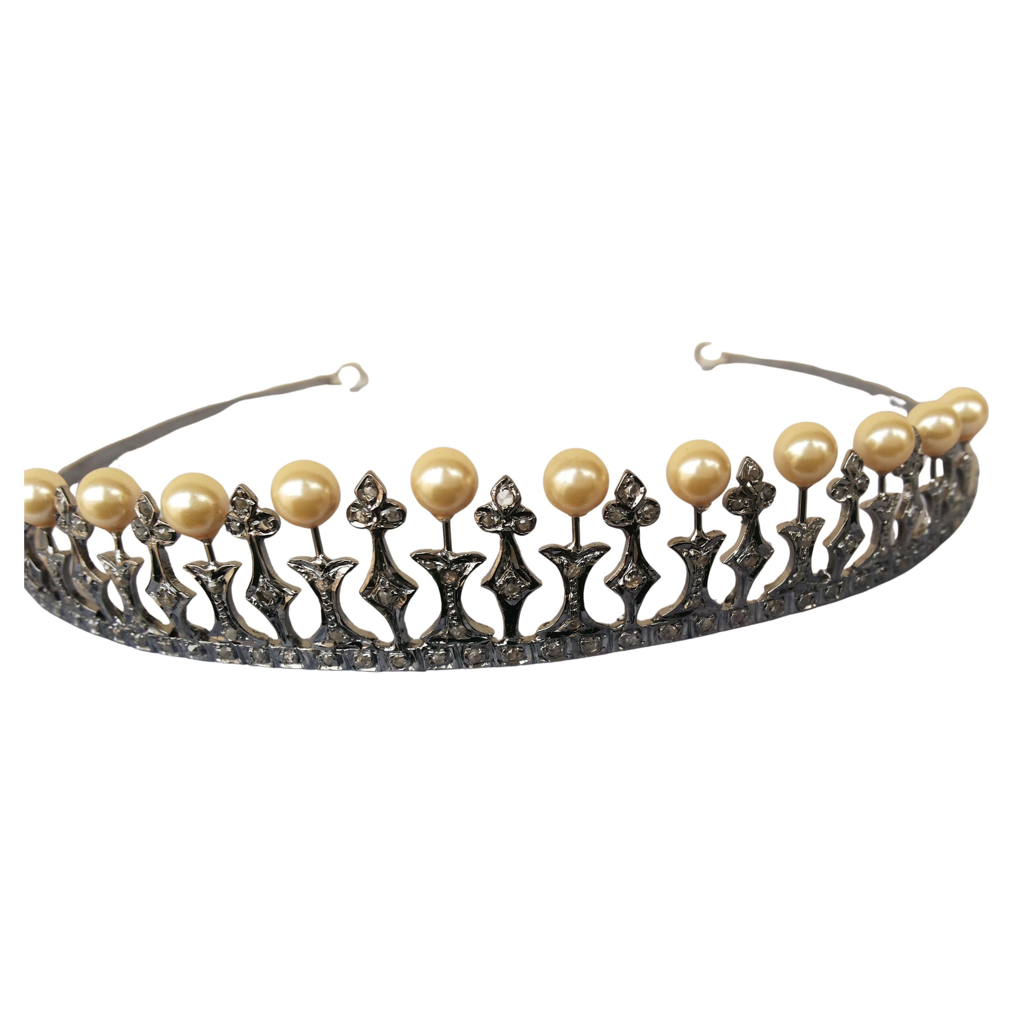 Certified Natural diamonds Pearls sterling silver tiara head accessory band For Sale
