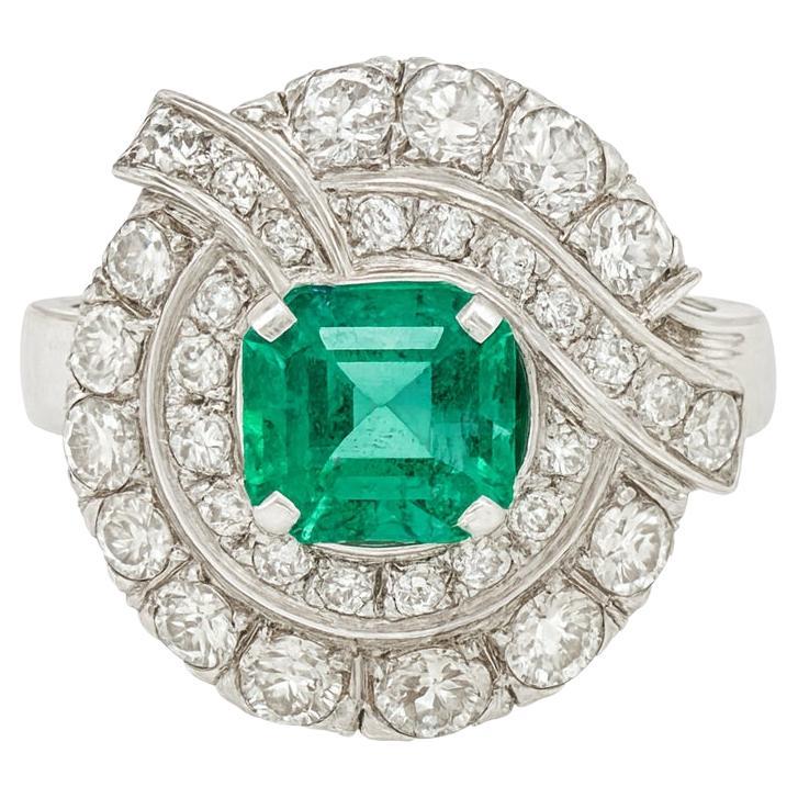 Zertifizierter natürlicher Smaragd und Diamant 14K Weißgold Cocktail Ring im Angebot